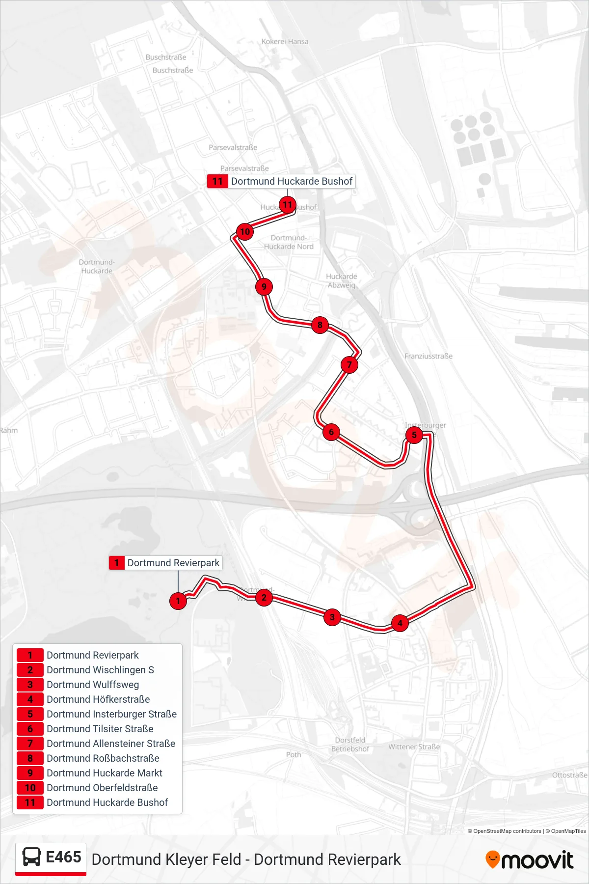 Linie E465 (Bus) Richtung Dortmund Huckarde Bushof: Route und Haltestellen auf der Karte