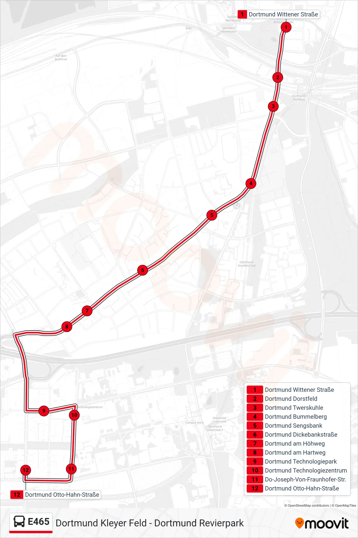 E465 bus Line (Dortmund Otto-Hahn-Straße) route and stops on a map