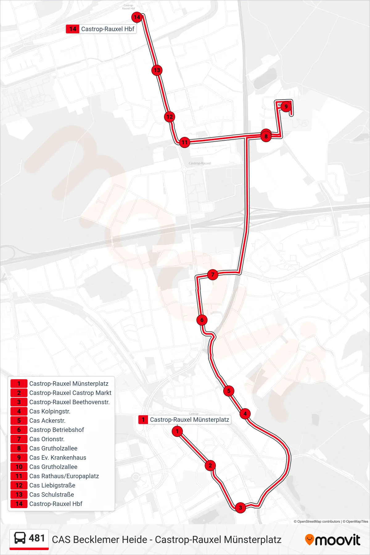 481 bus Line (Castrop-Rauxel Hbf) route and stops on a map