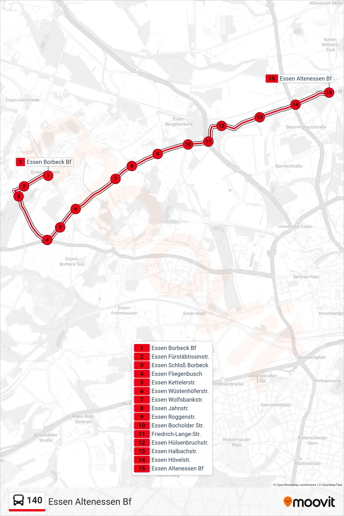 Linie 140 (Bus) Richtung Essen Altenessen Bf: Route und Haltestellen auf der Karte