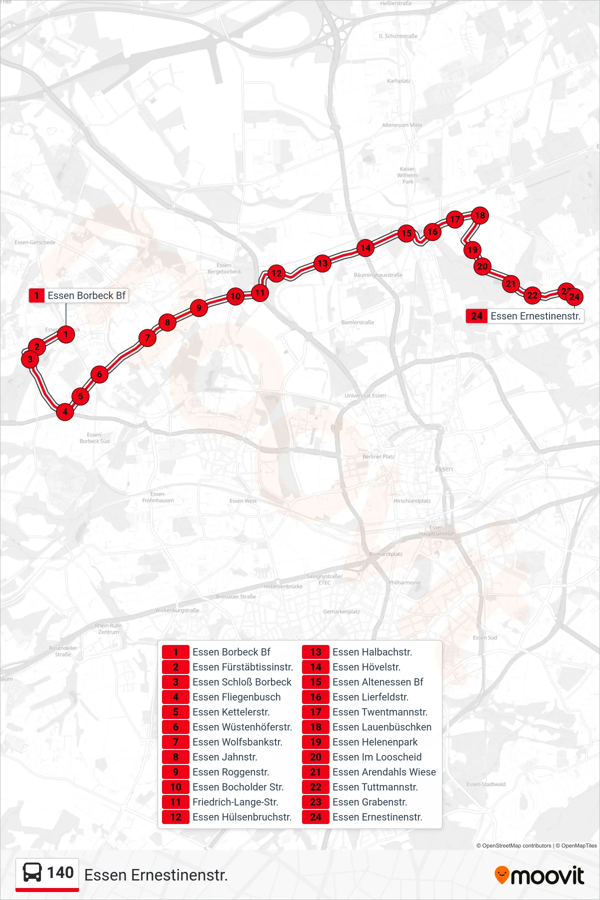 Linie 140 (Bus) Richtung Essen Ernestinenstr.: Route und Haltestellen auf der Karte