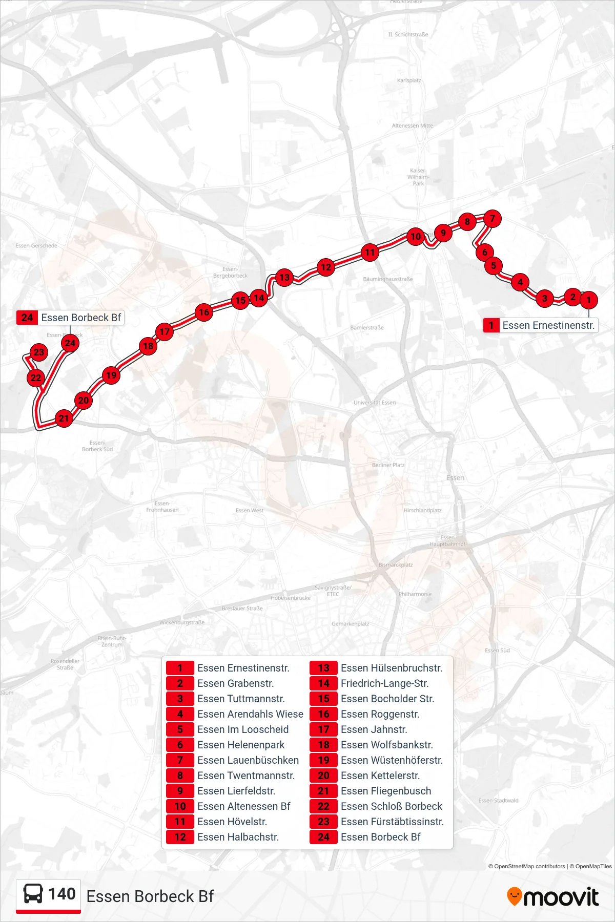 140 bus Line (Essen Borbeck Bf) route and stops on a map