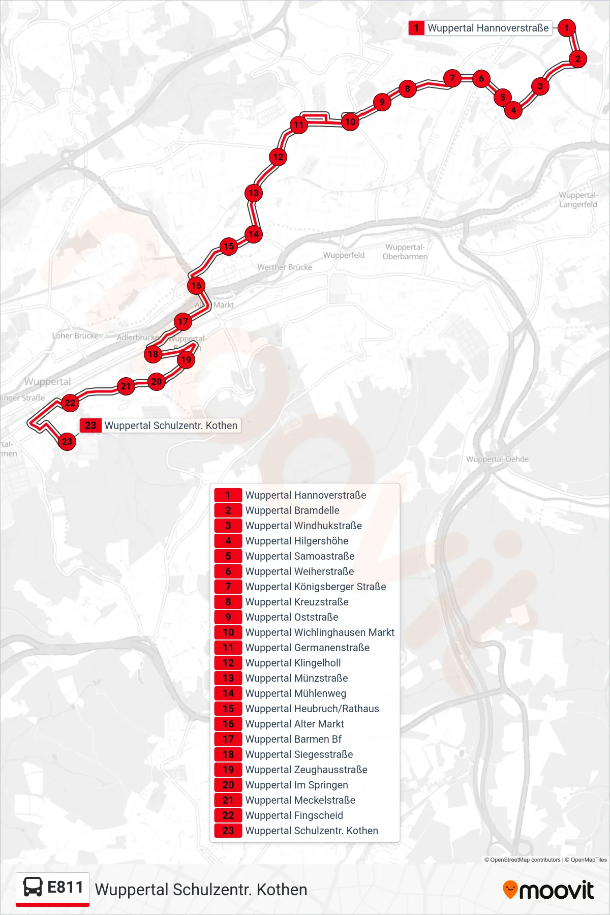 Linie E811 (Bus) Richtung Wuppertal Schulzentr. Kothen: Route und Haltestellen auf der Karte