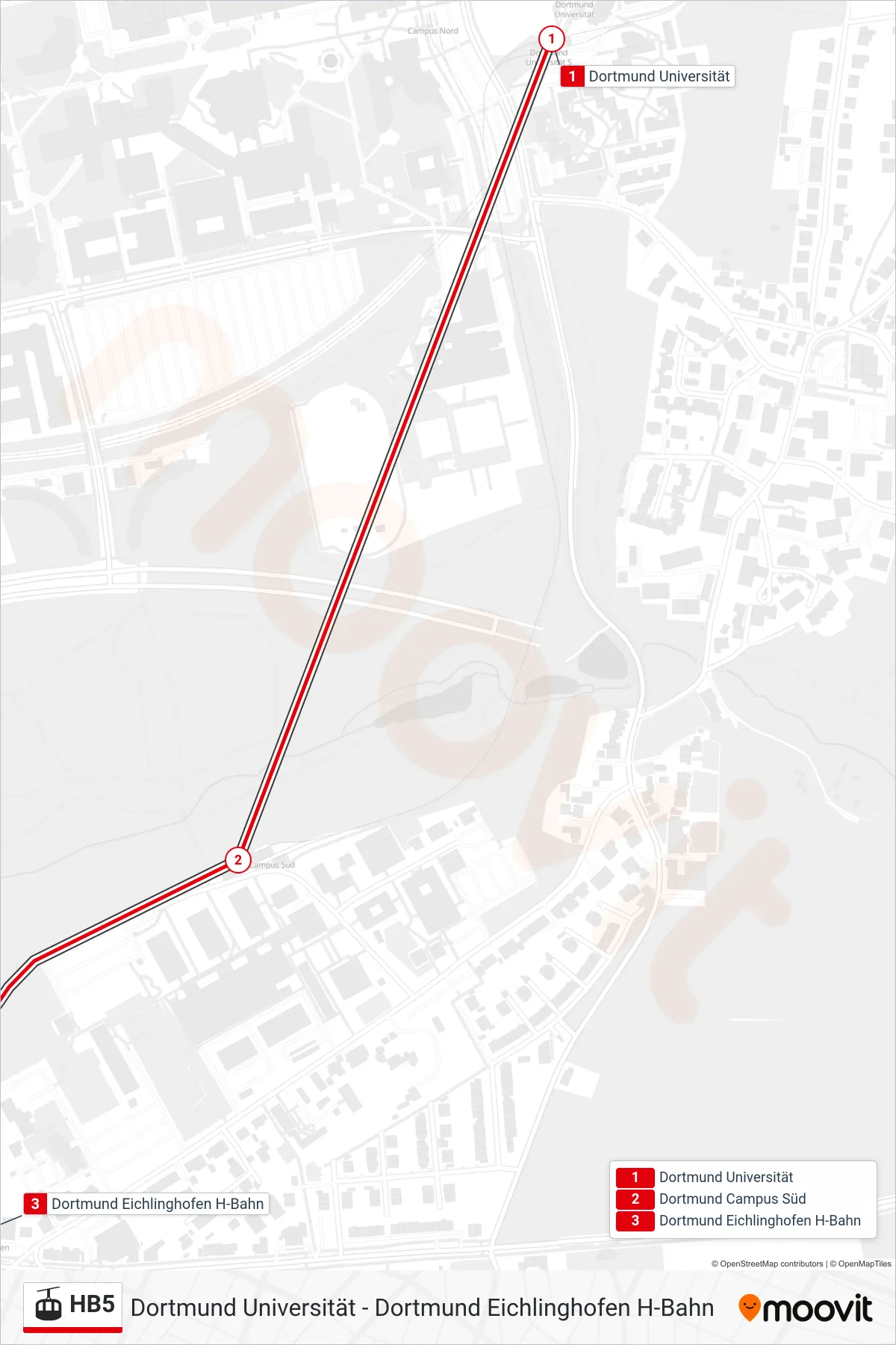 Linie HB5 (Gondel / Schwebebahn) Richtung Dortmund Eichlinghofen H-Bahn: Route und Haltestellen auf der Karte