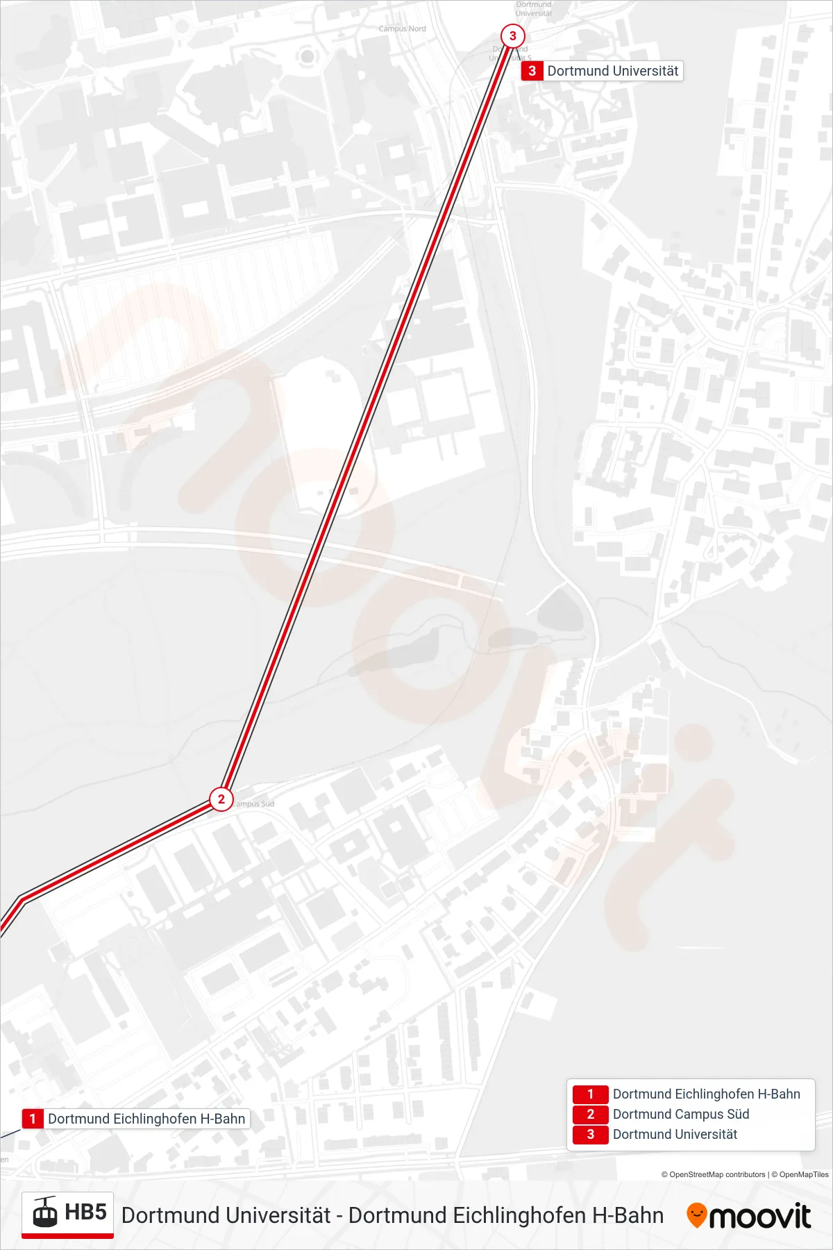 Linie HB5 (Gondel / Schwebebahn) Richtung Dortmund Universität: Route und Haltestellen auf der Karte