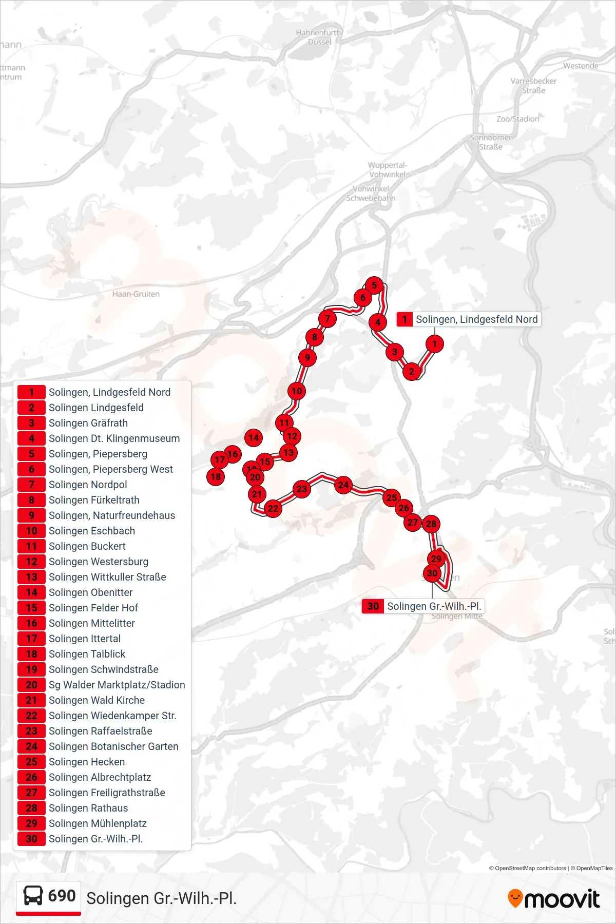 Linie 690 (Bus) Richtung Solingen Gr.-Wilh.-Pl.: Route und Haltestellen auf der Karte