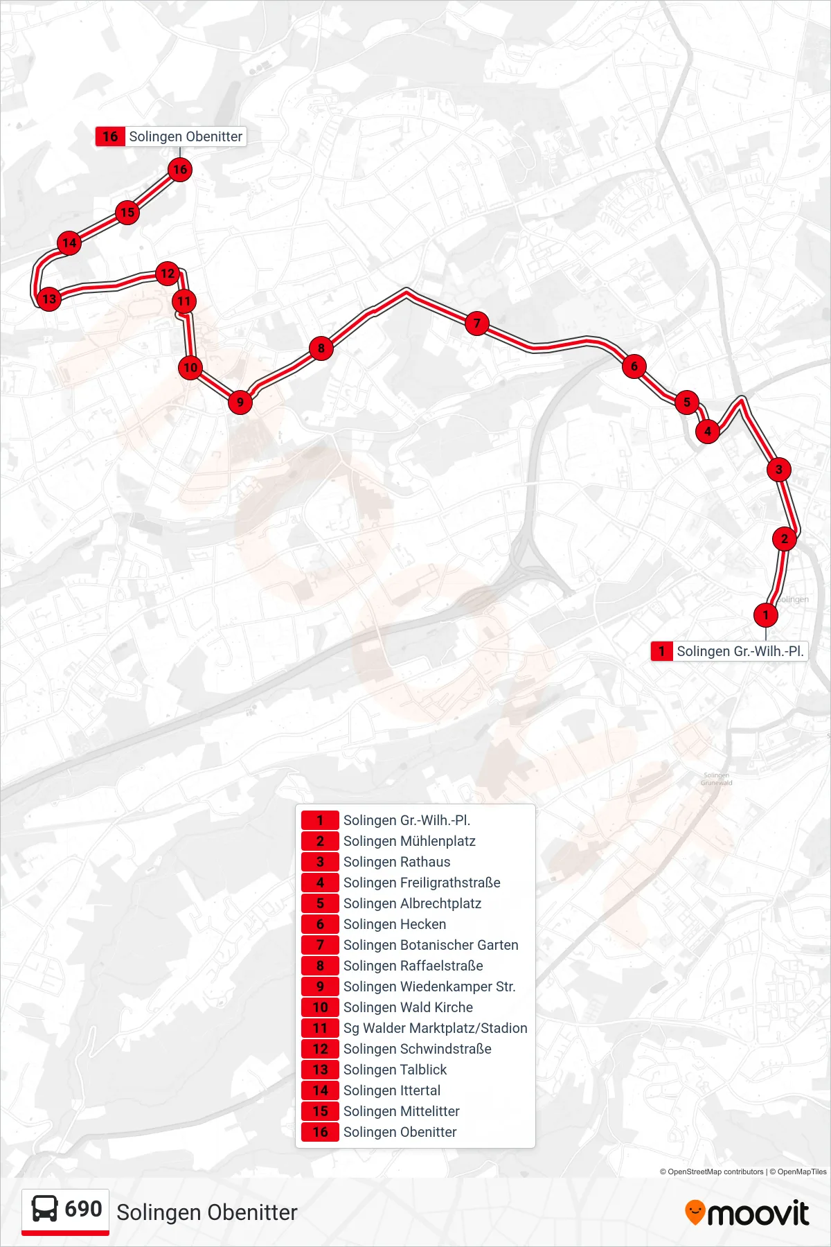 Linie 690 (Bus) Richtung Solingen Obenitter: Route und Haltestellen auf der Karte