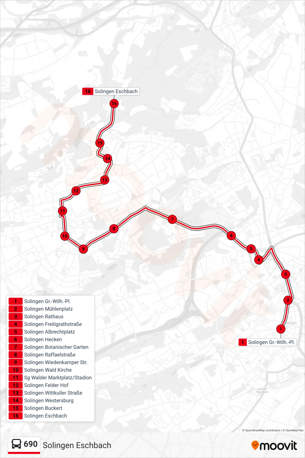 690 bus Line (Solingen Eschbach) route and stops on a map