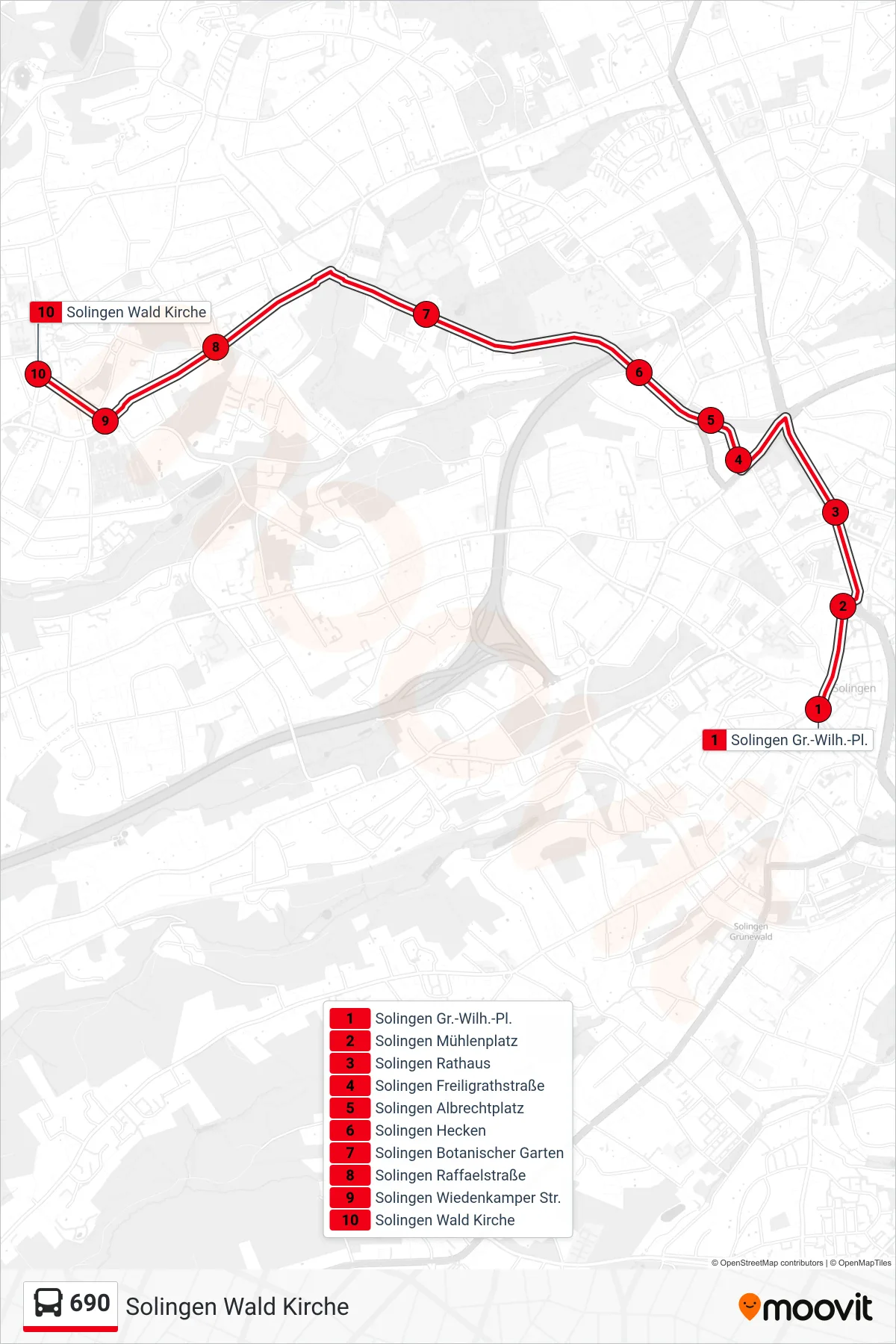 690 bus Line (Solingen Wald Kirche) route and stops on a map