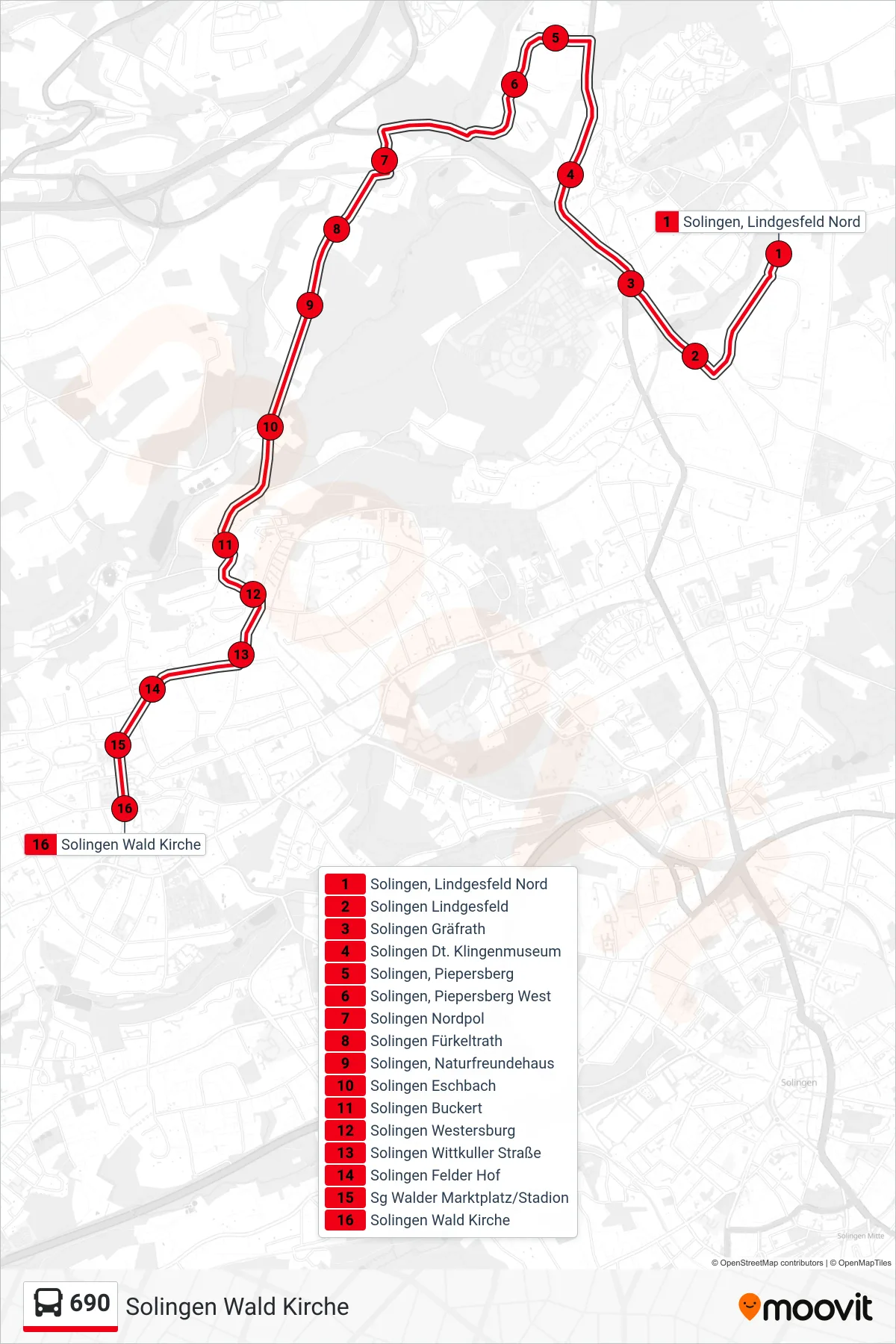 Linie 690 (Bus) Richtung Solingen Wald Kirche: Route und Haltestellen auf der Karte