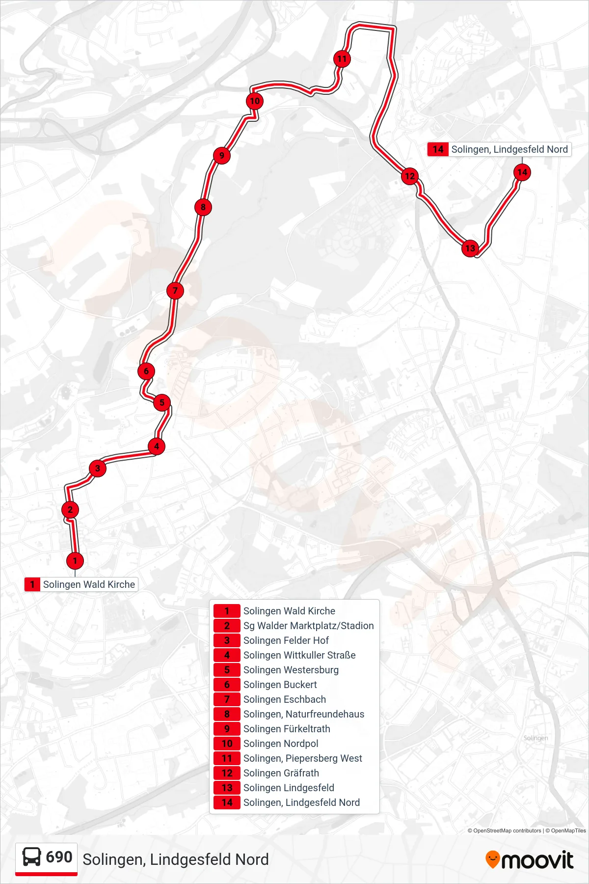 690 bus Line (Solingen, Lindgesfeld Nord) route and stops on a map