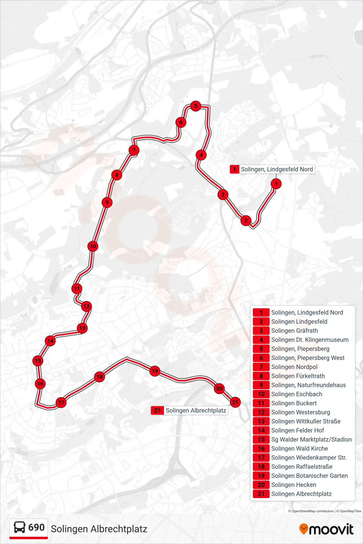 Linie 690 (Bus) Richtung Solingen Albrechtplatz: Route und Haltestellen auf der Karte