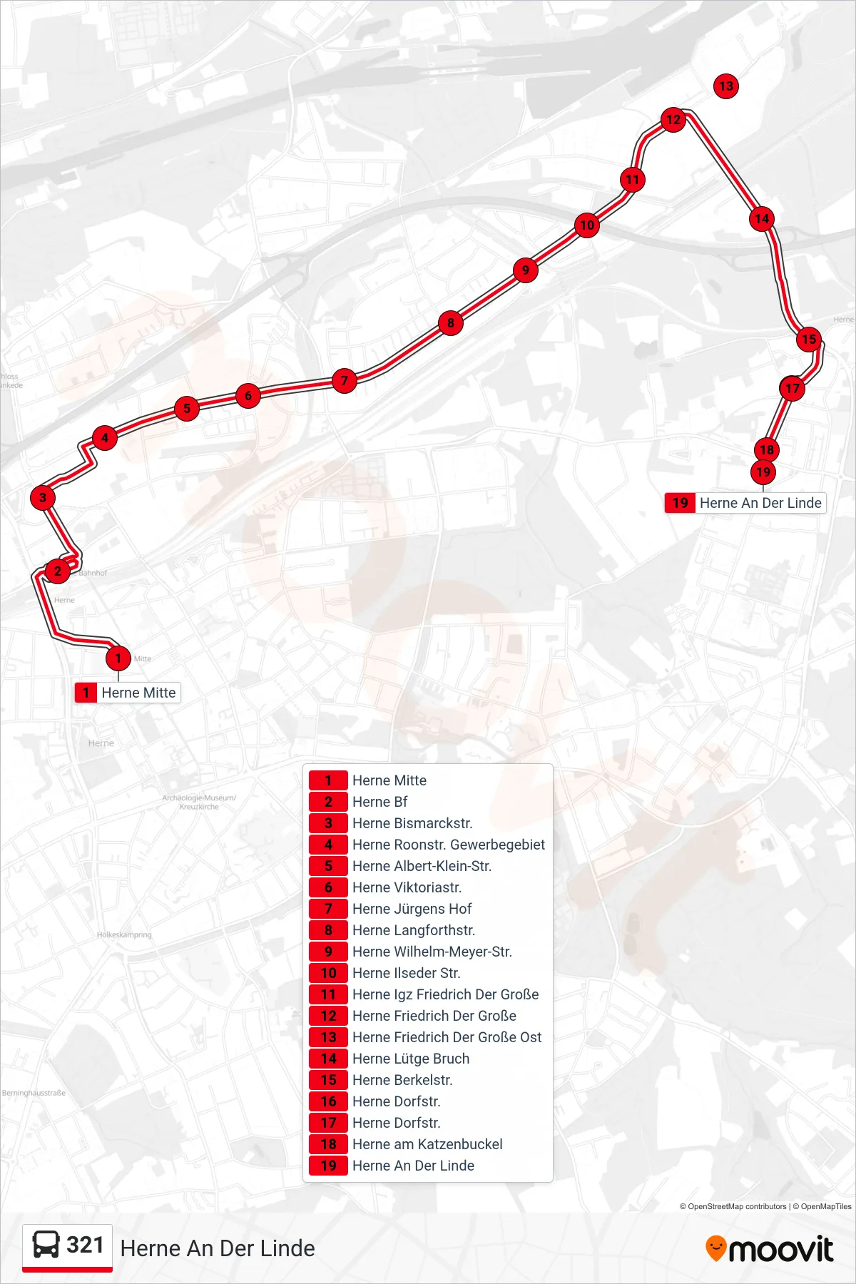 321 bus Line (Herne An Der Linde) route and stops on a map
