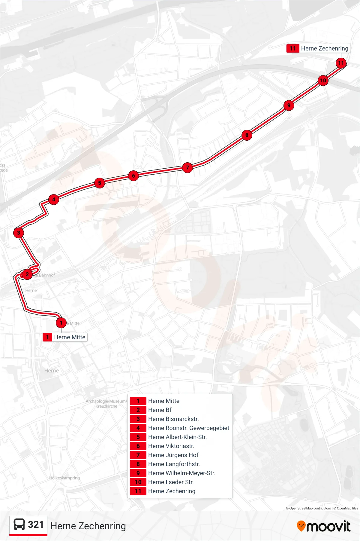 321 bus Line (Herne Zechenring) route and stops on a map