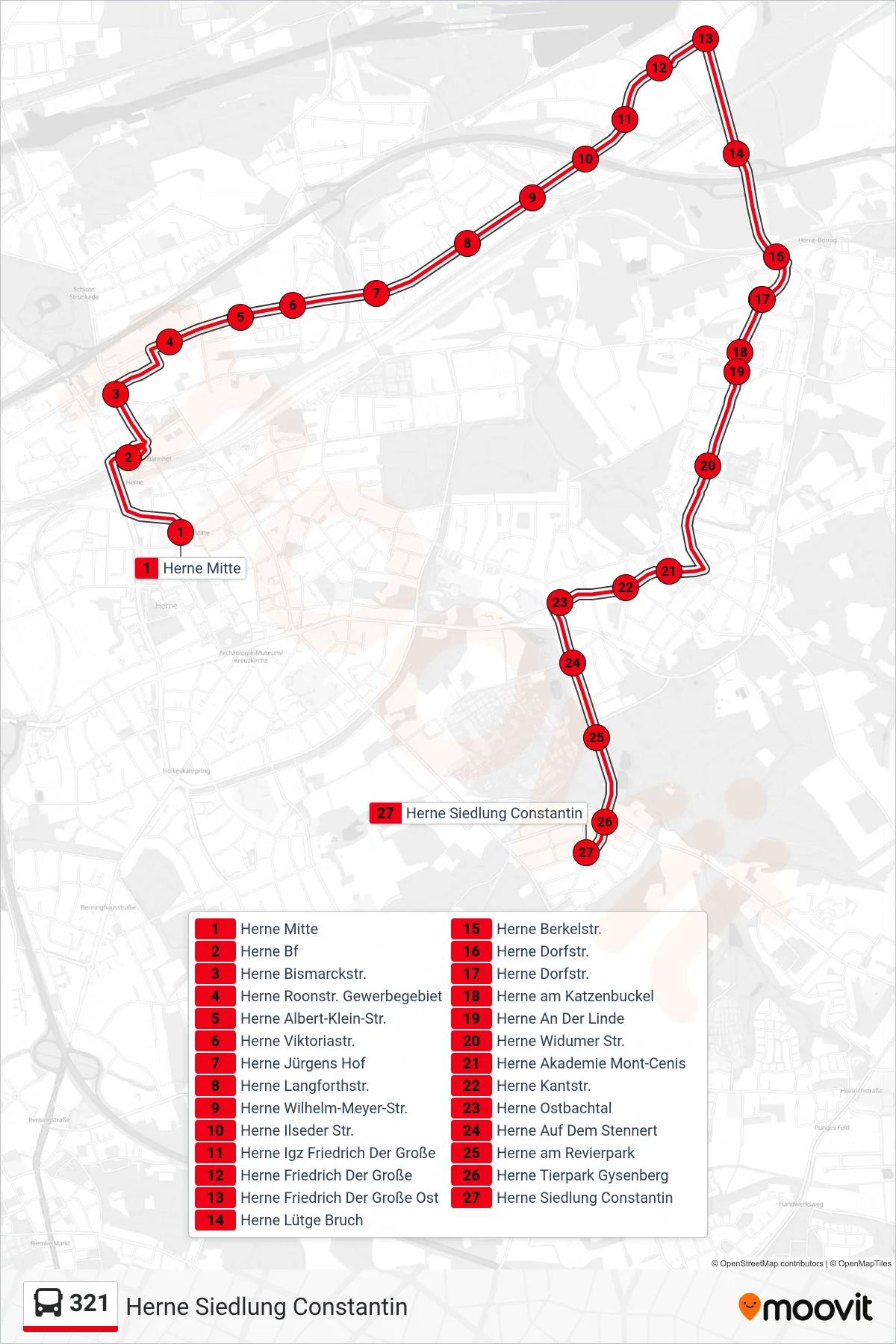 321 bus Line (Herne Siedlung Constantin) route and stops on a map