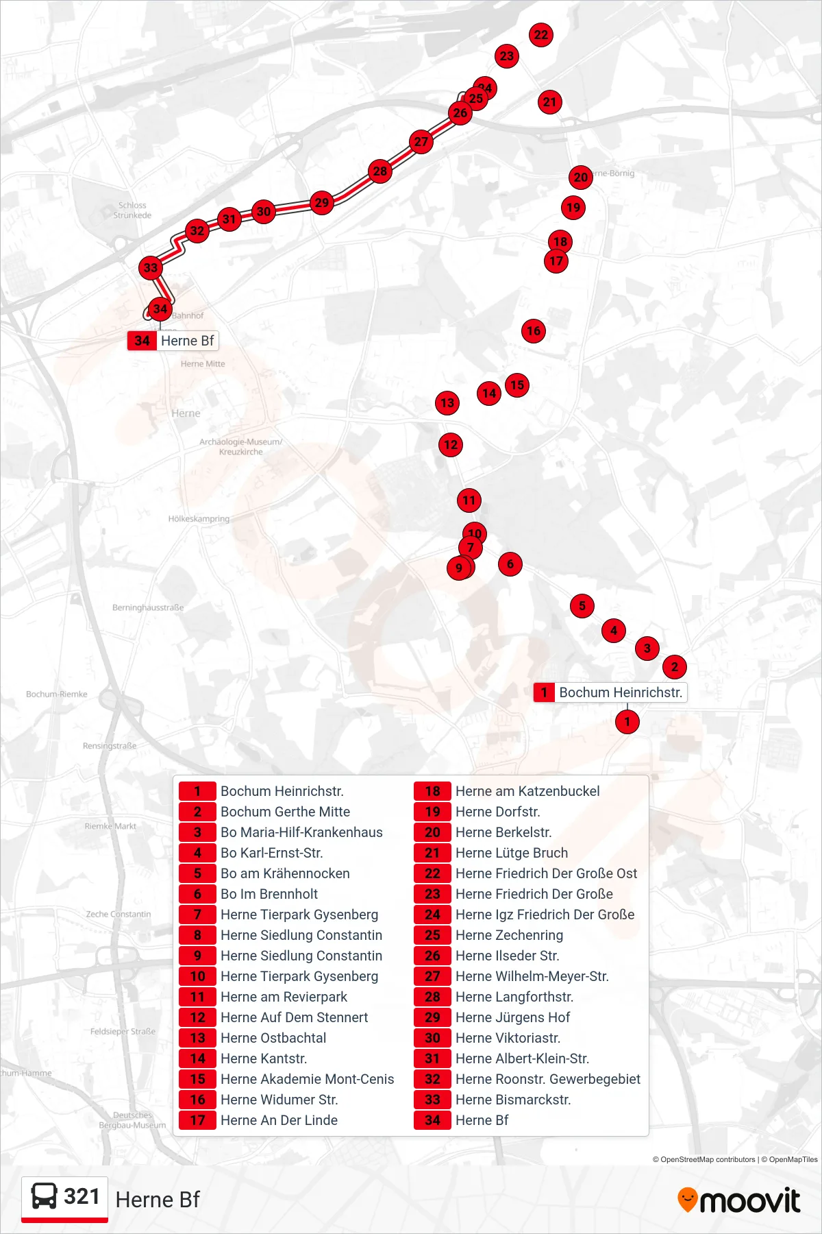 321 bus Line (Herne Bf) route and stops on a map