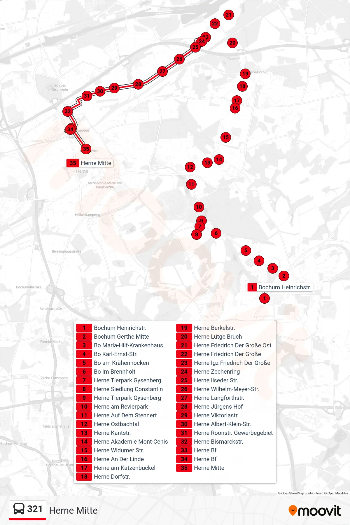 321 bus Line (Herne Mitte) route and stops on a map