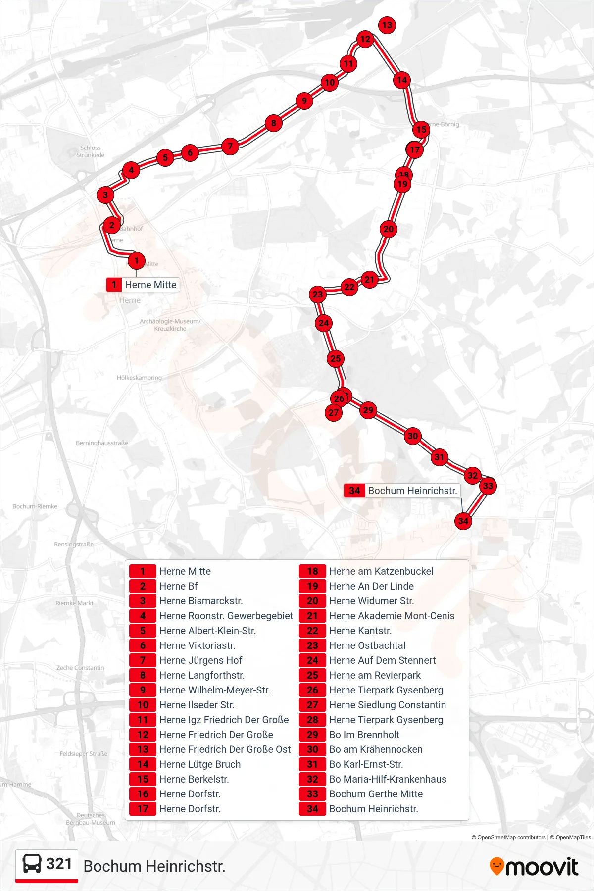 321 bus Line (Bochum Heinrichstr.) route and stops on a map