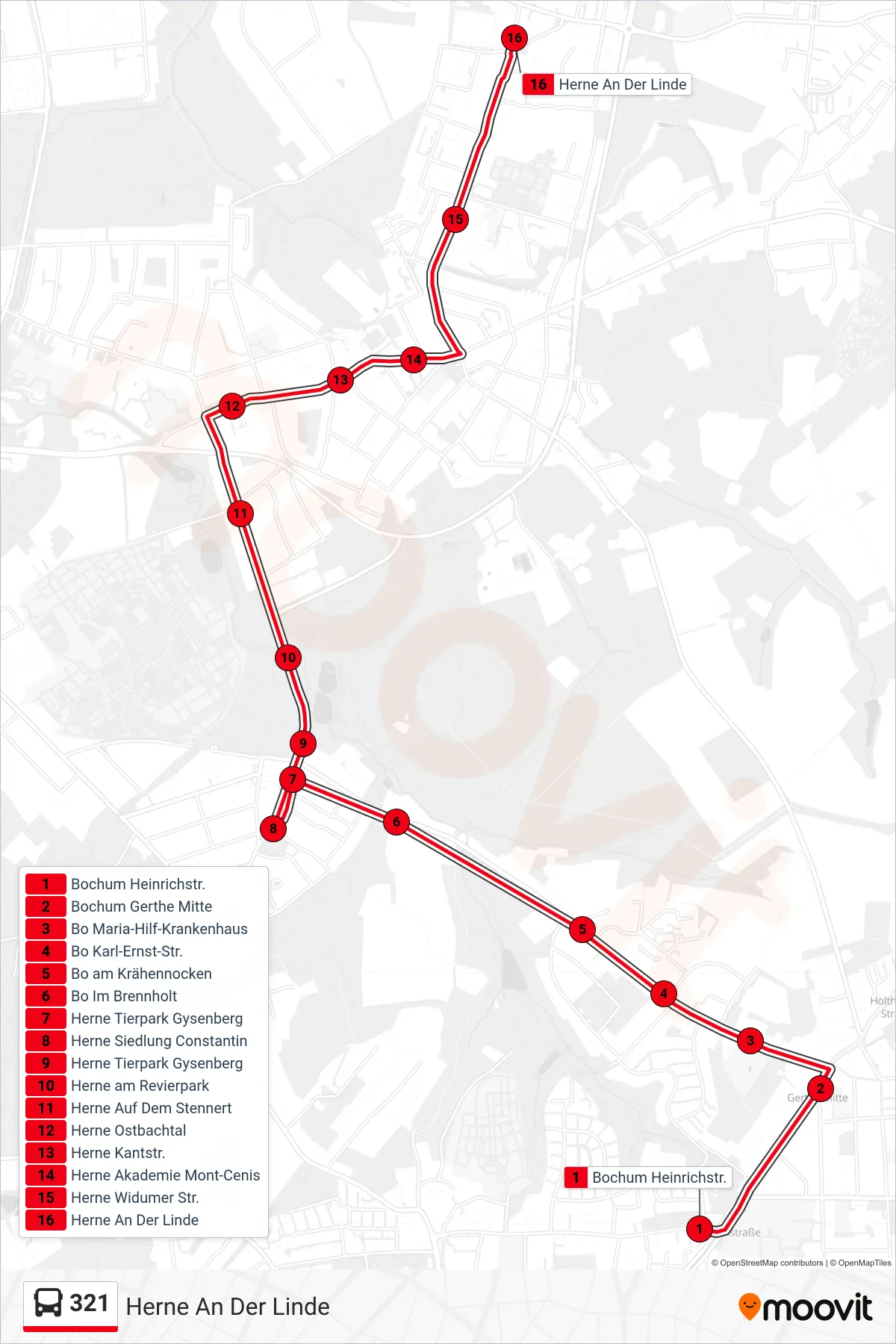 Linie 321 (Bus) Richtung Herne An Der Linde: Route und Haltestellen auf der Karte
