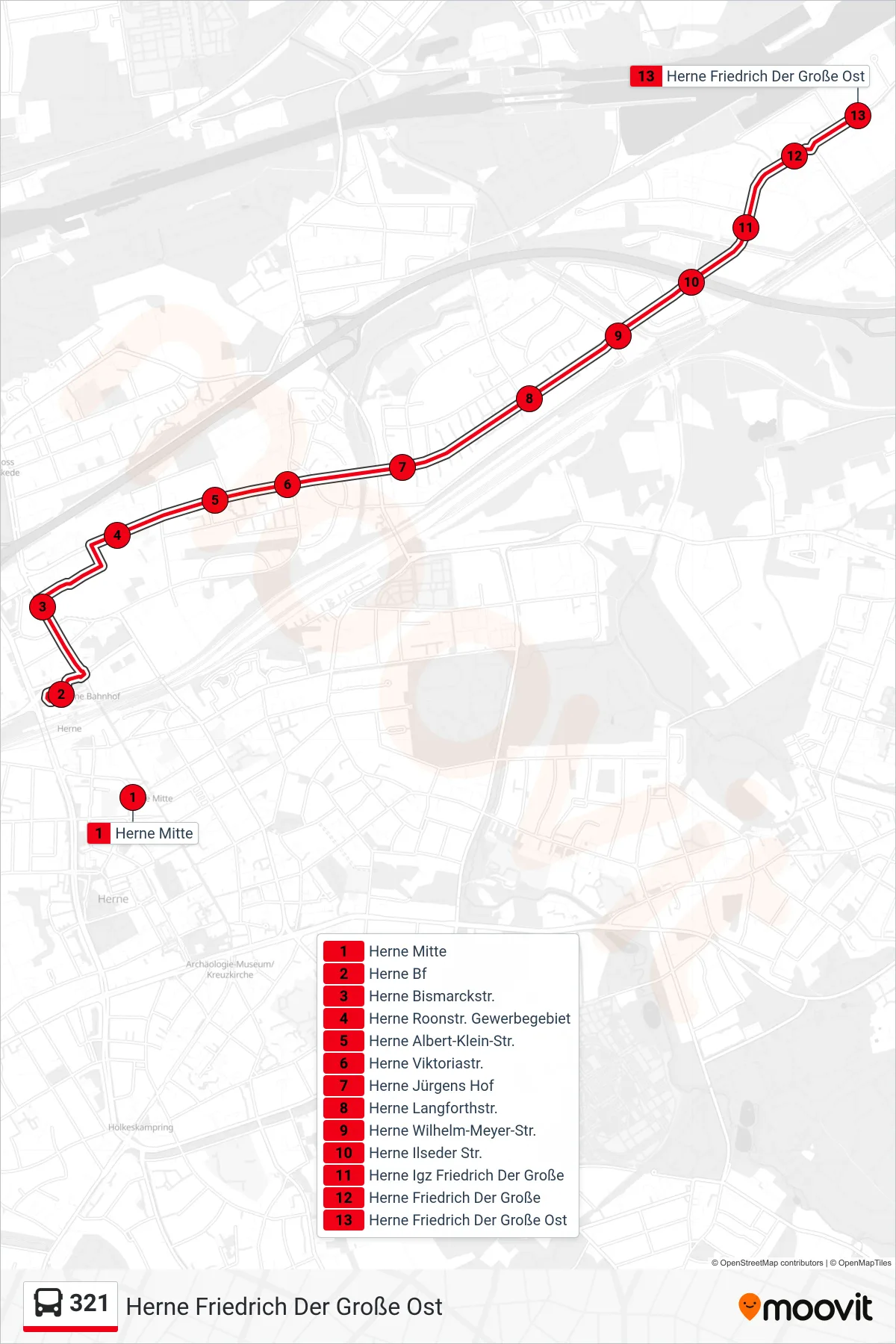 321 bus Line (Herne Friedrich Der Große Ost) route and stops on a map