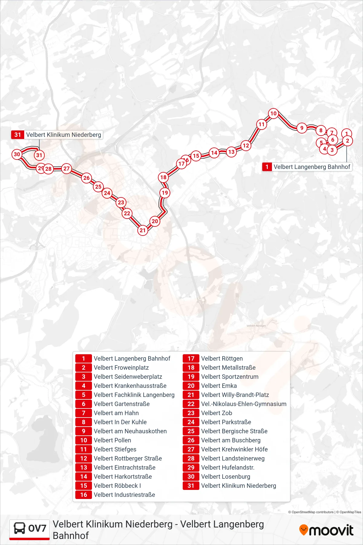 OV7 bus Line (Velbert Klinikum Niederberg) route and stops on a map