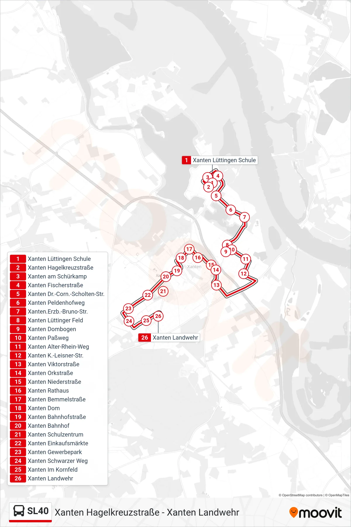 SL40 bus Line (Xanten Landwehr) route and stops on a map