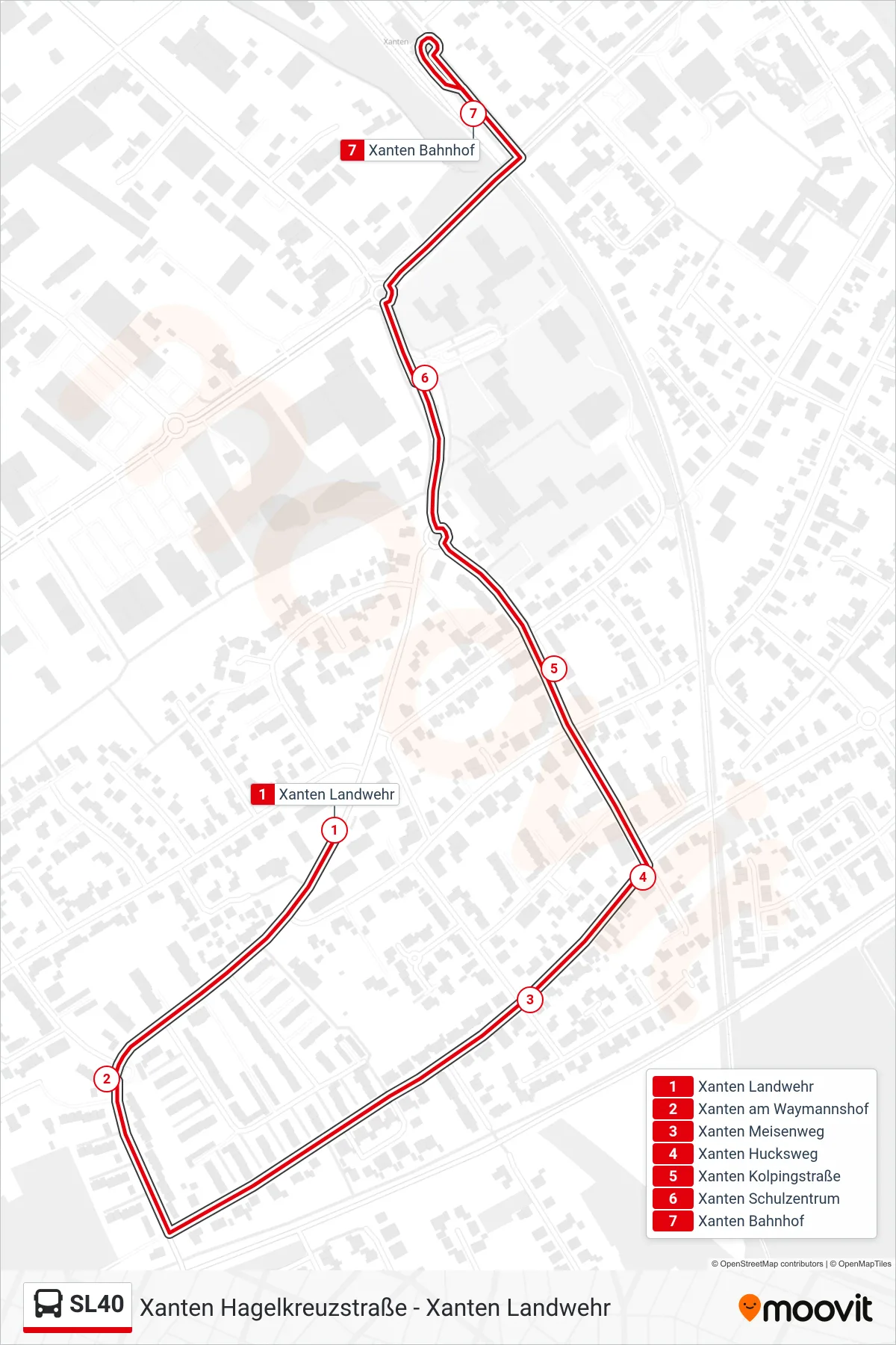 Linie SL40 (Bus) Richtung Xanten Bahnhof: Route und Haltestellen auf der Karte