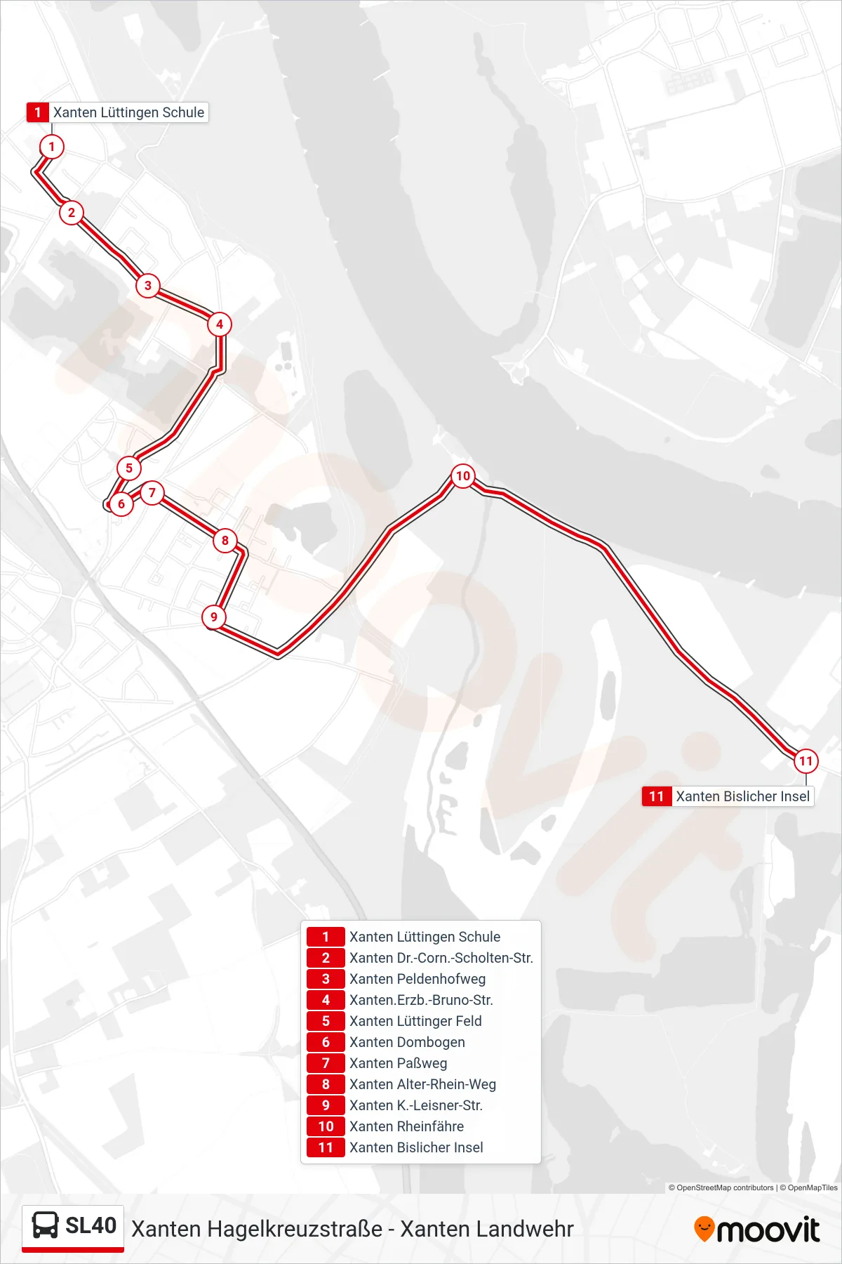 SL40 bus Line (Xanten  Bislicher Insel) route and stops on a map