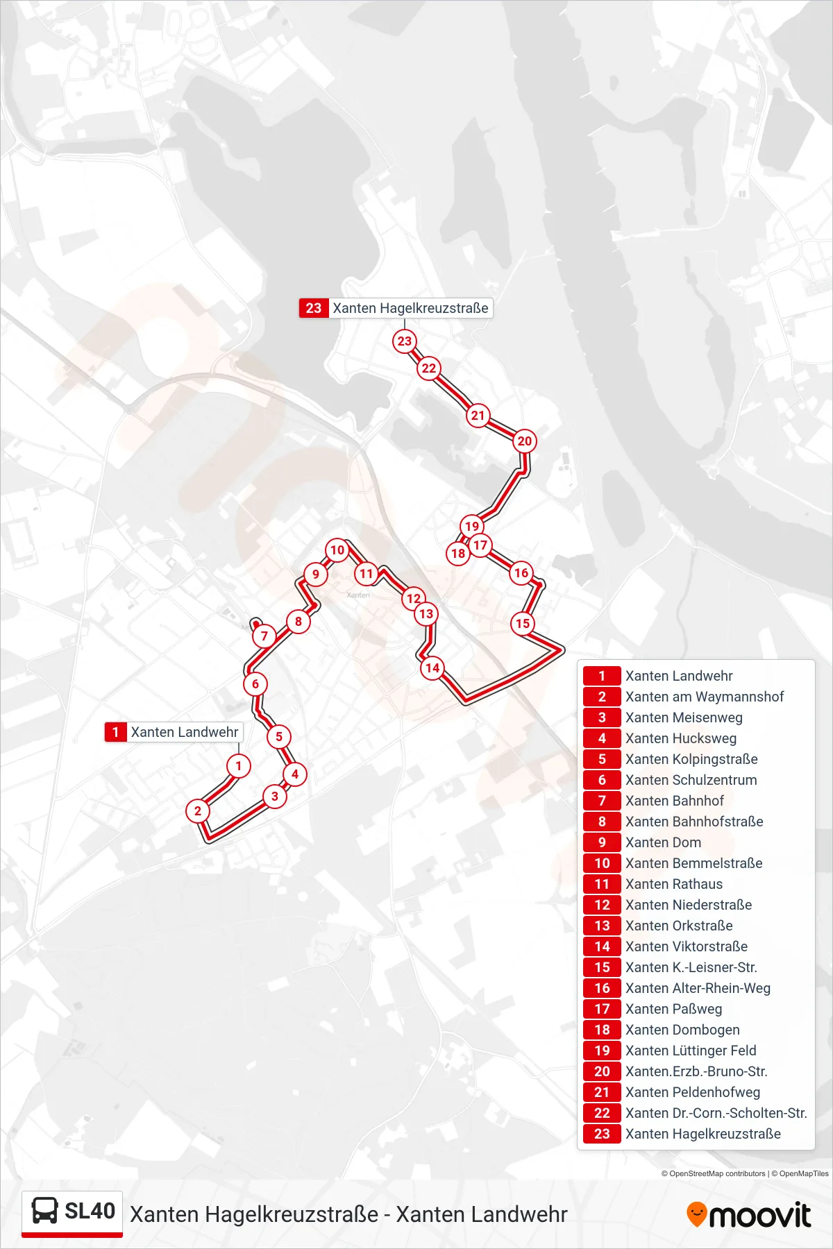 SL40 bus Line (Xanten Hagelkreuzstraße) route and stops on a map