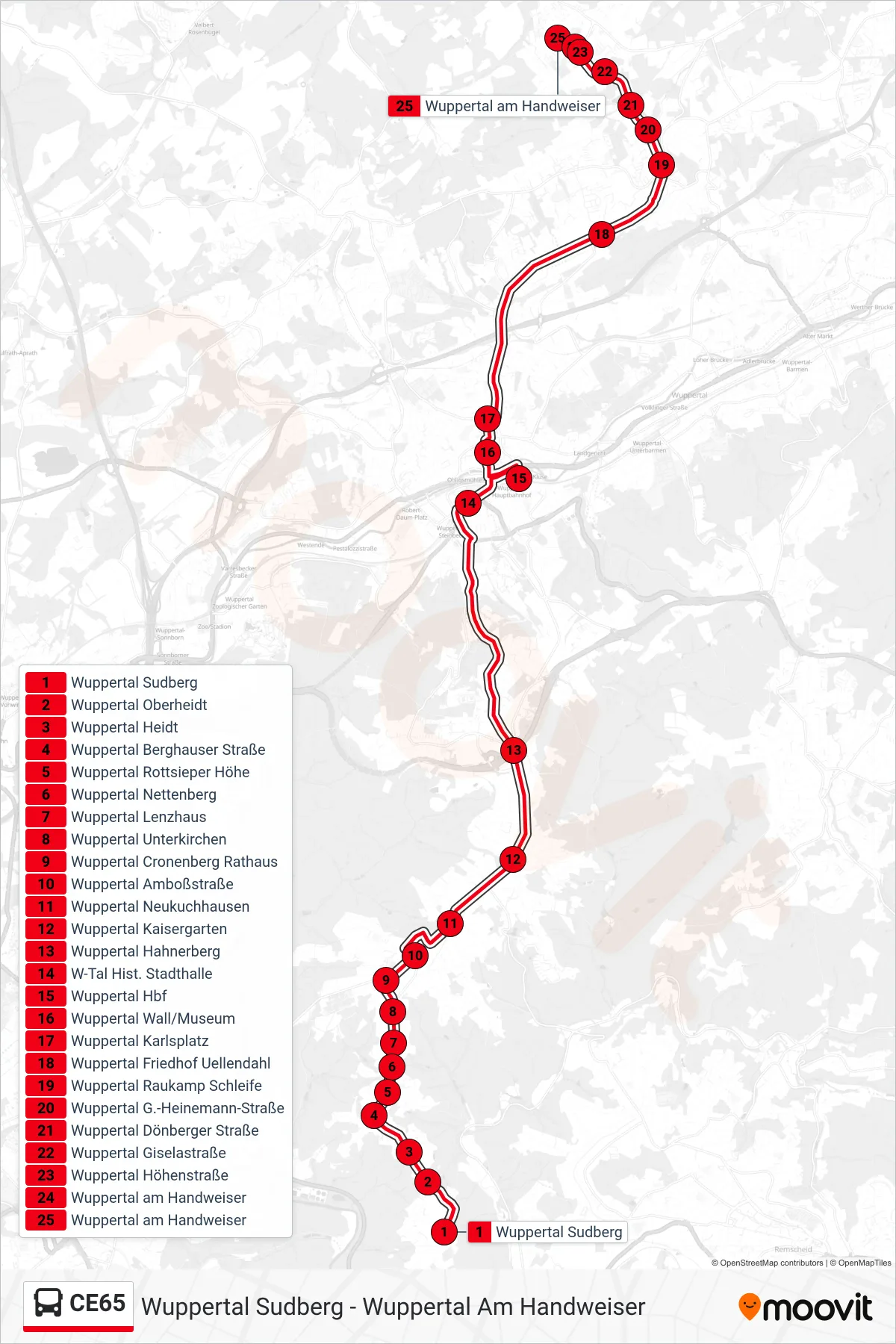 Linie CE65 (Bus) Richtung Wuppertal am Handweiser: Route und Haltestellen auf der Karte