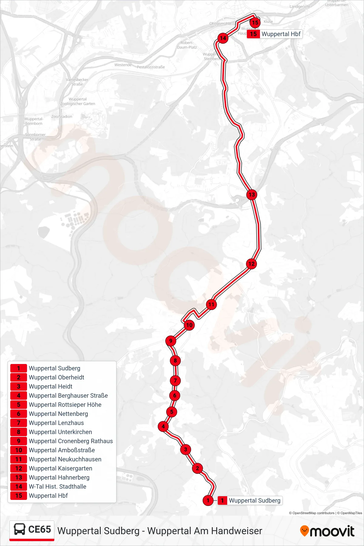 CE65 bus Line (Wuppertal Hbf) route and stops on a map