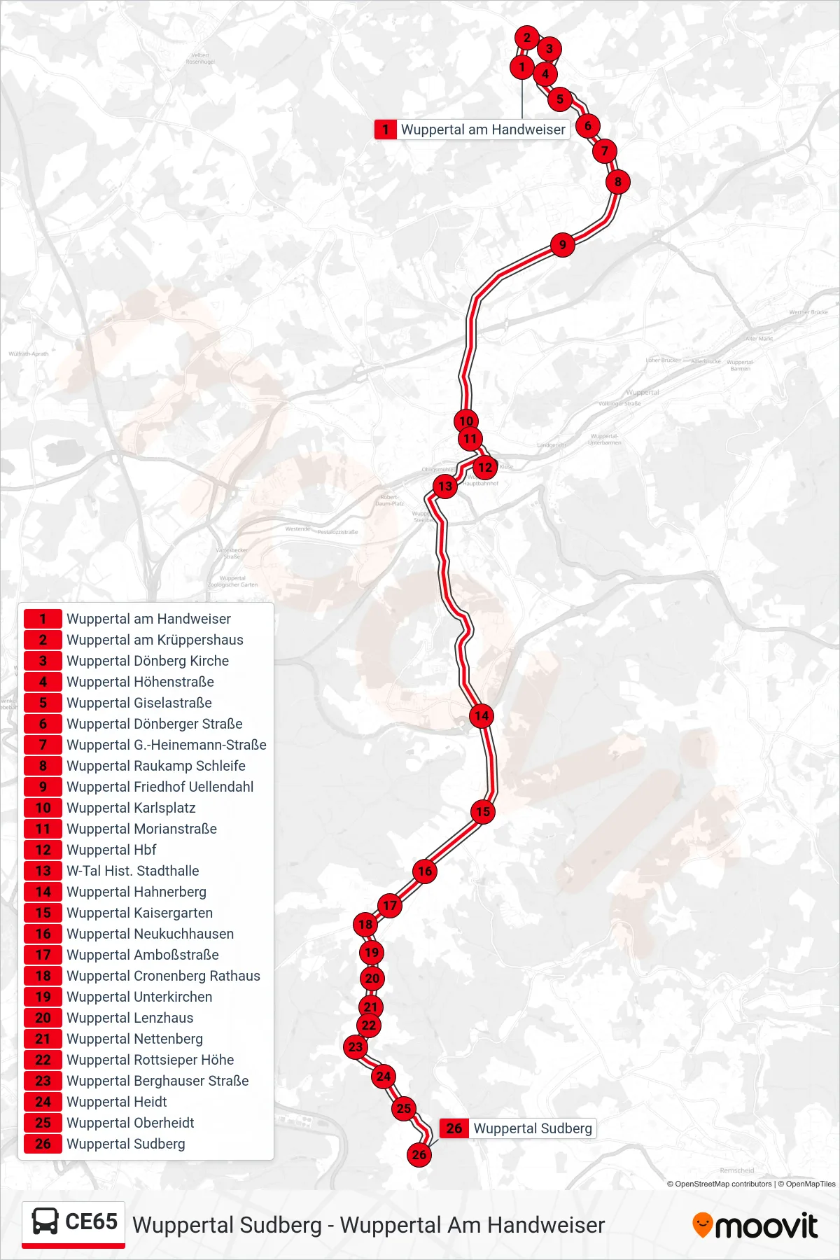 CE65 bus Line (Wuppertal Sudberg) route and stops on a map