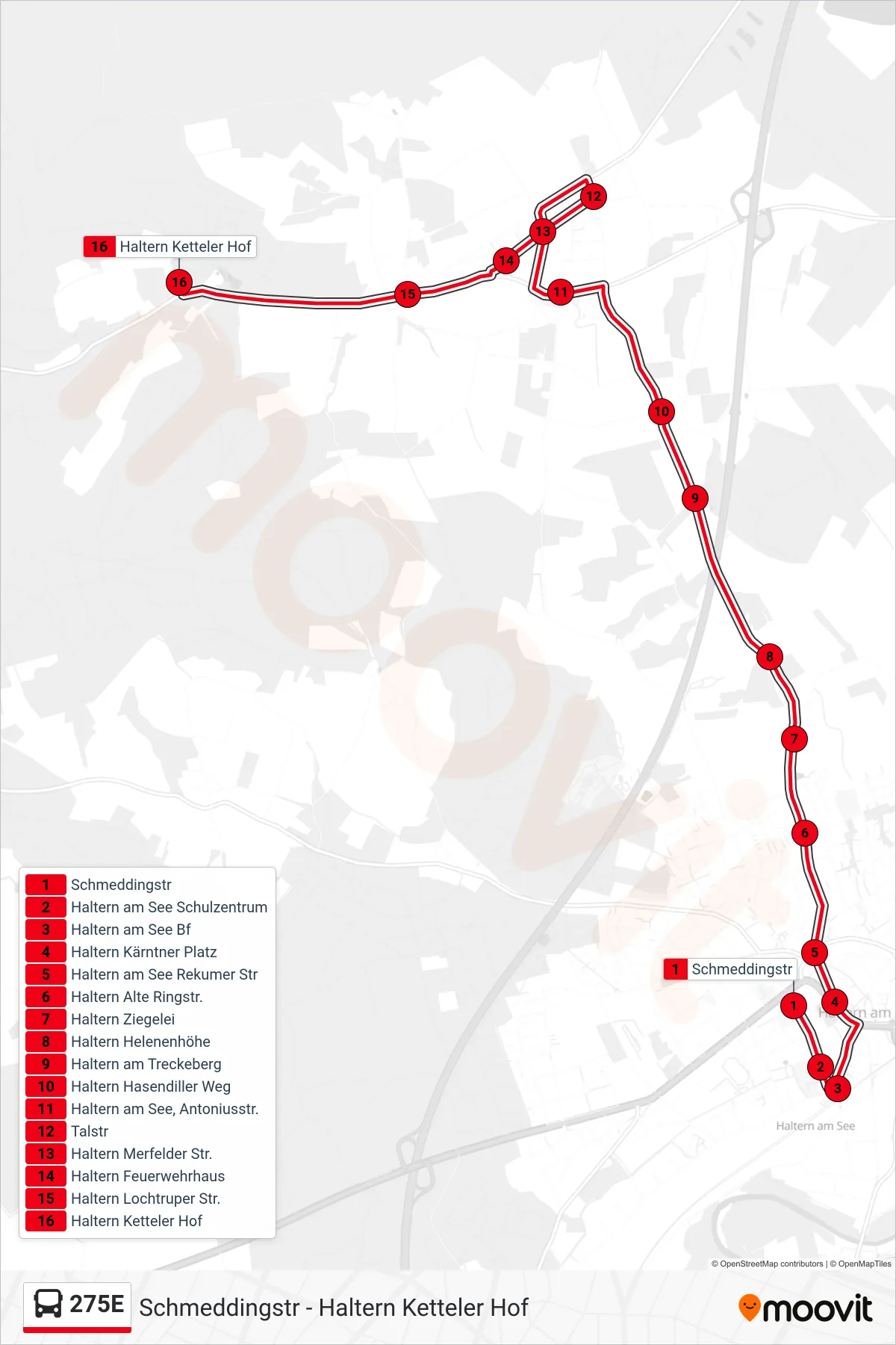 Linie 275E (Bus) Richtung Haltern Ketteler Hof: Route und Haltestellen auf der Karte