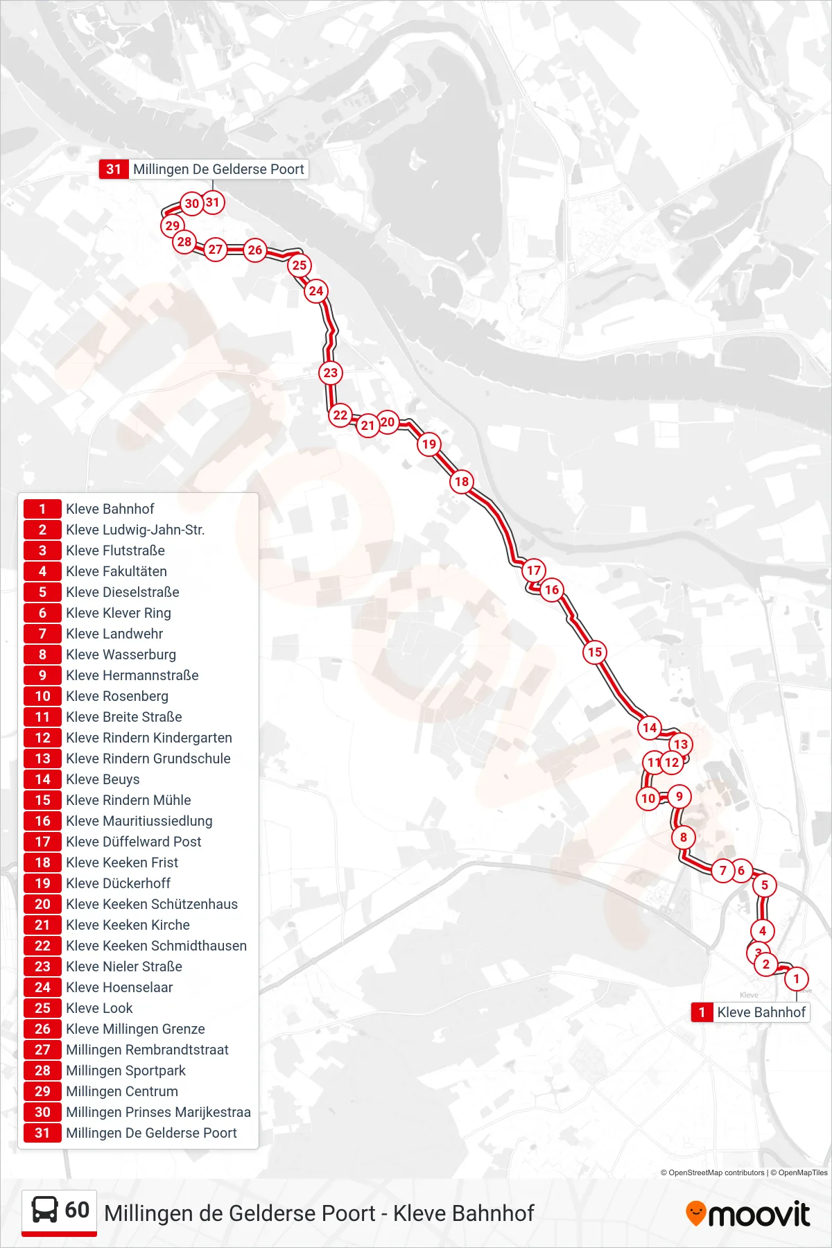 60 bus Line (Millingen De Gelderse Poort) route and stops on a map