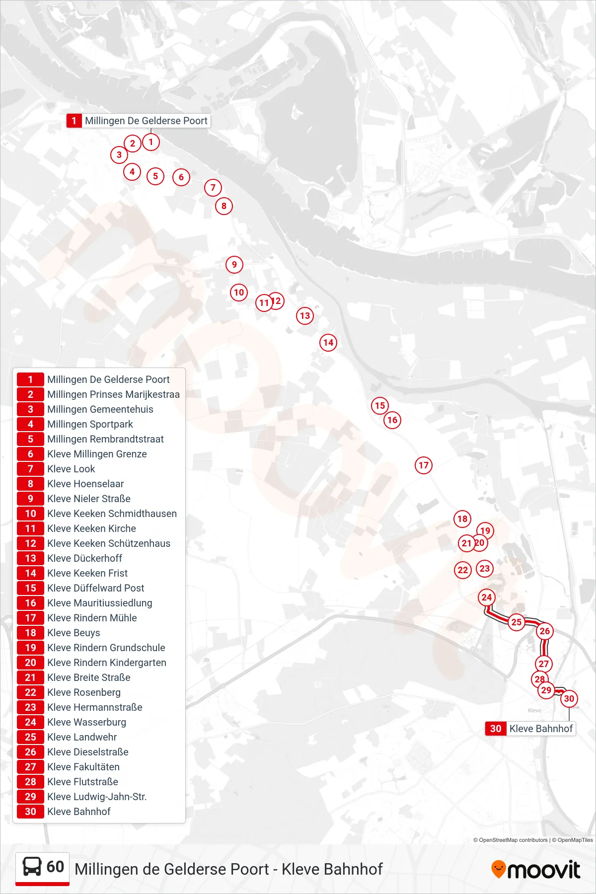 60 bus Line (Kleve Bahnhof) route and stops on a map