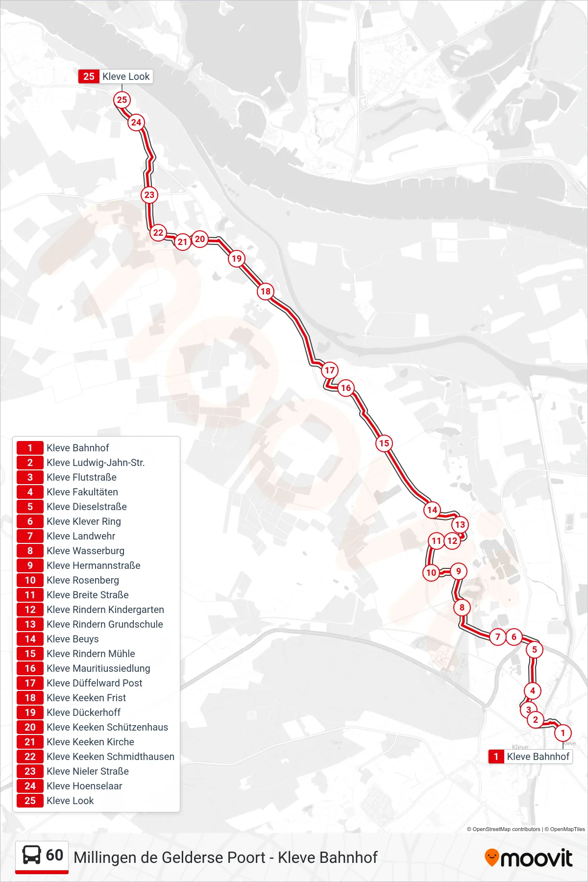 60 bus Line (Kleve Look) route and stops on a map