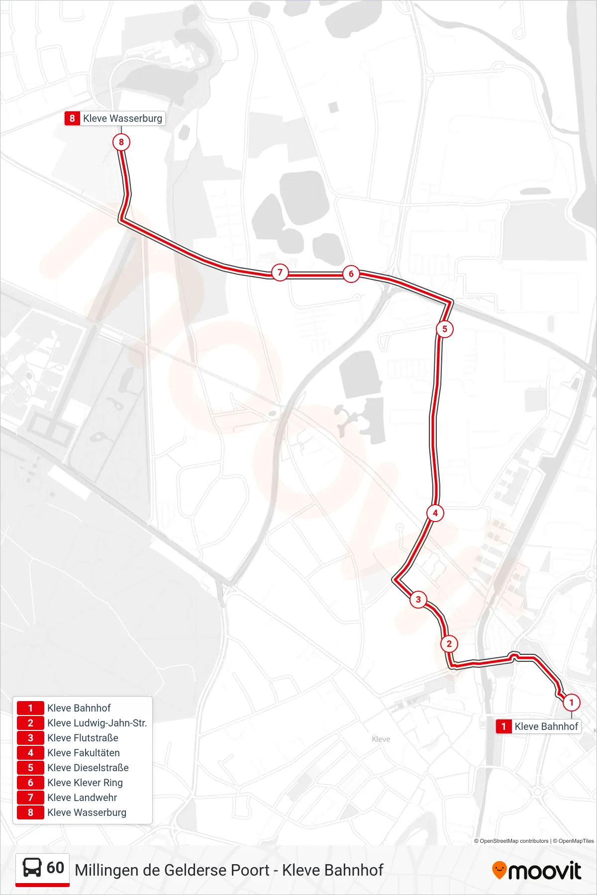 Linie 60 (Bus) Richtung Kleve Wasserburg: Route und Haltestellen auf der Karte