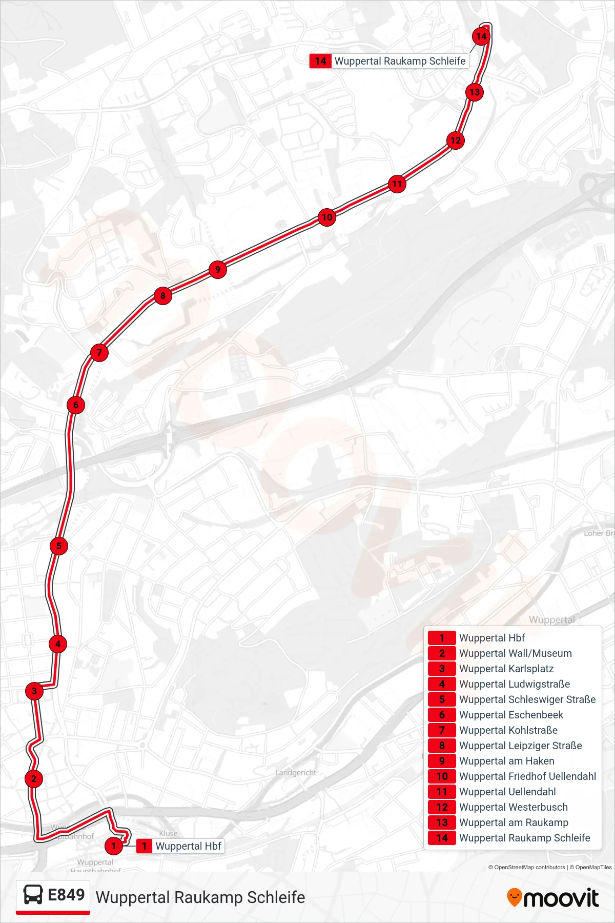 Linie E849 (Bus) Richtung Wuppertal Raukamp Schleife: Route und Haltestellen auf der Karte