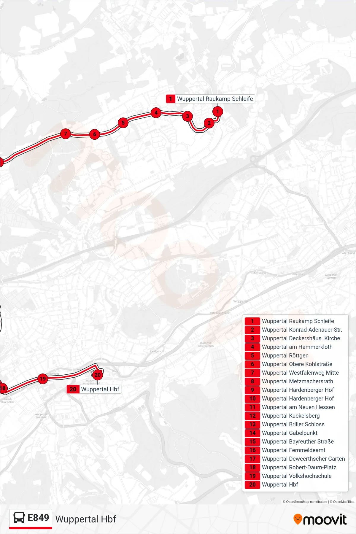 Linie E849 (Bus) Richtung Wuppertal Hbf: Route und Haltestellen auf der Karte