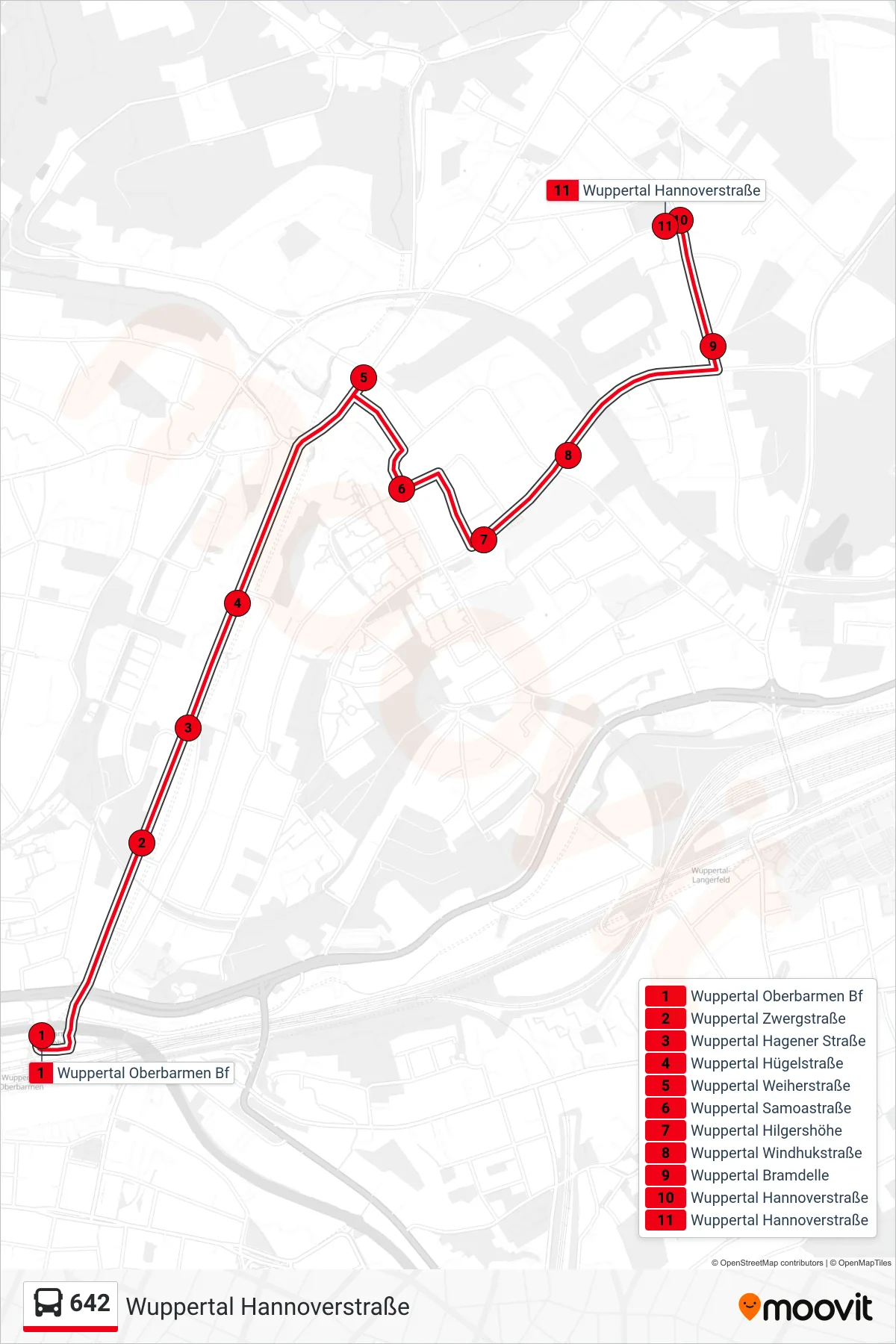 Linie 642 (Bus) Richtung Wuppertal Hannoverstraße: Route und Haltestellen auf der Karte