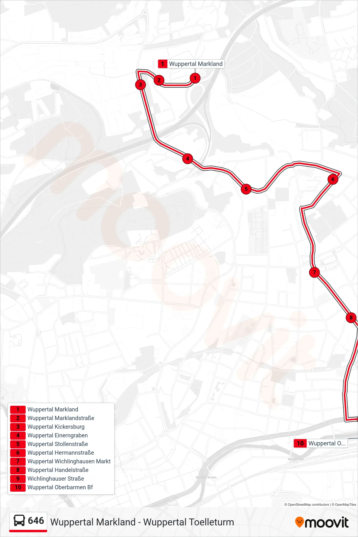 Linie 646 (Bus) Richtung Wuppertal Oberbarmen Bf: Route und Haltestellen auf der Karte