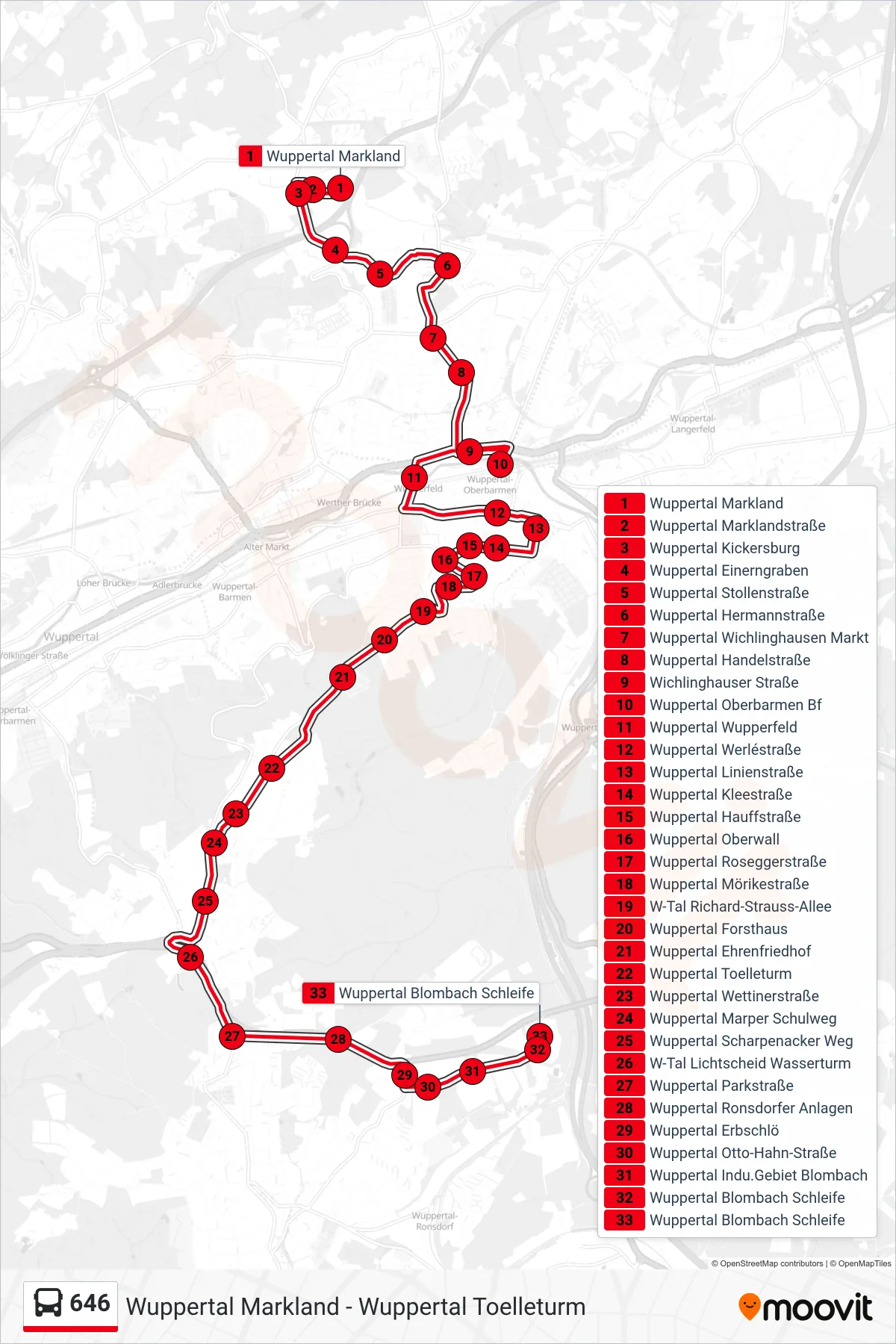 646 bus Line (Wuppertal Blombach Schleife) route and stops on a map
