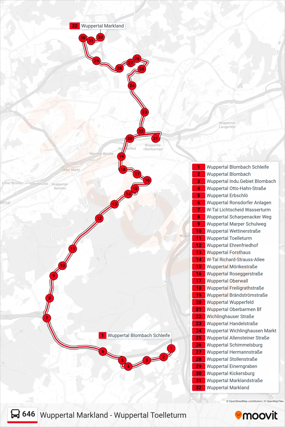 646 bus Line (Wuppertal Markland) route and stops on a map