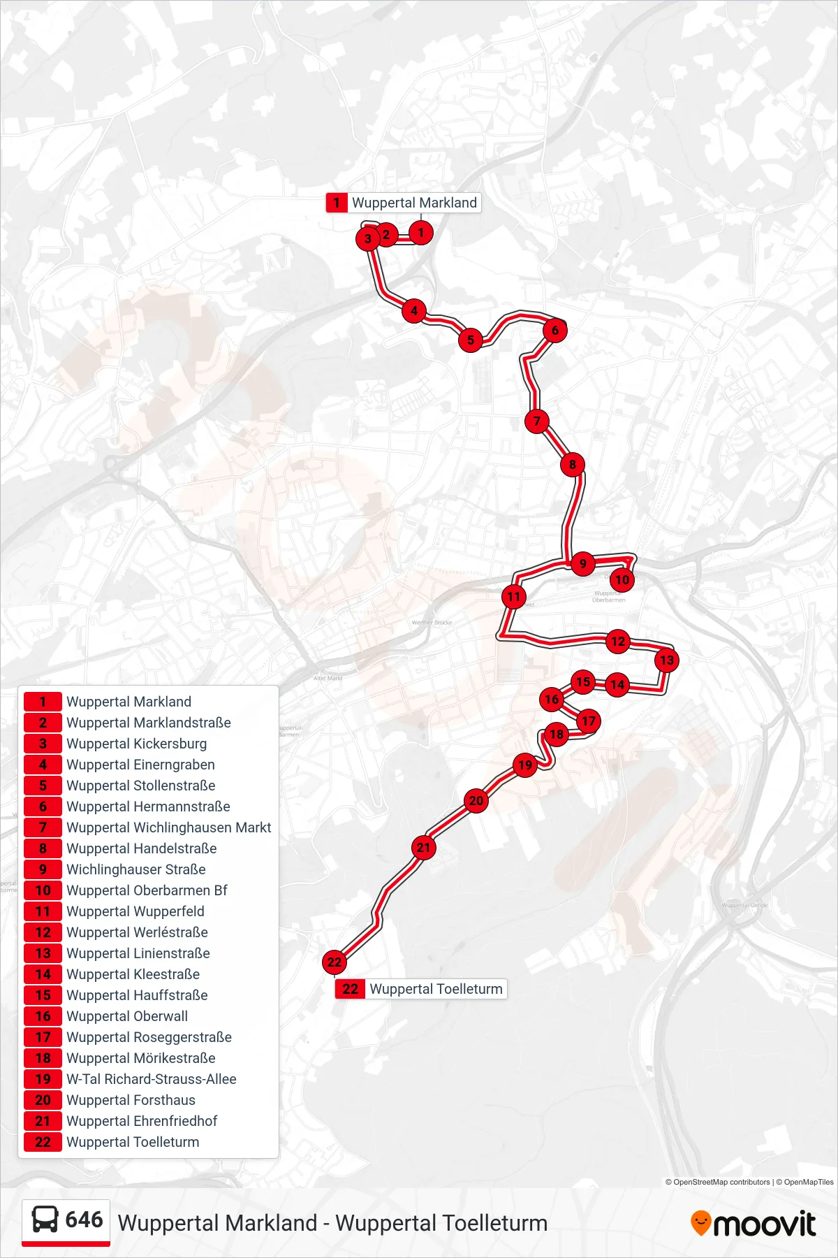 646 bus Line (Wuppertal Toelleturm) route and stops on a map