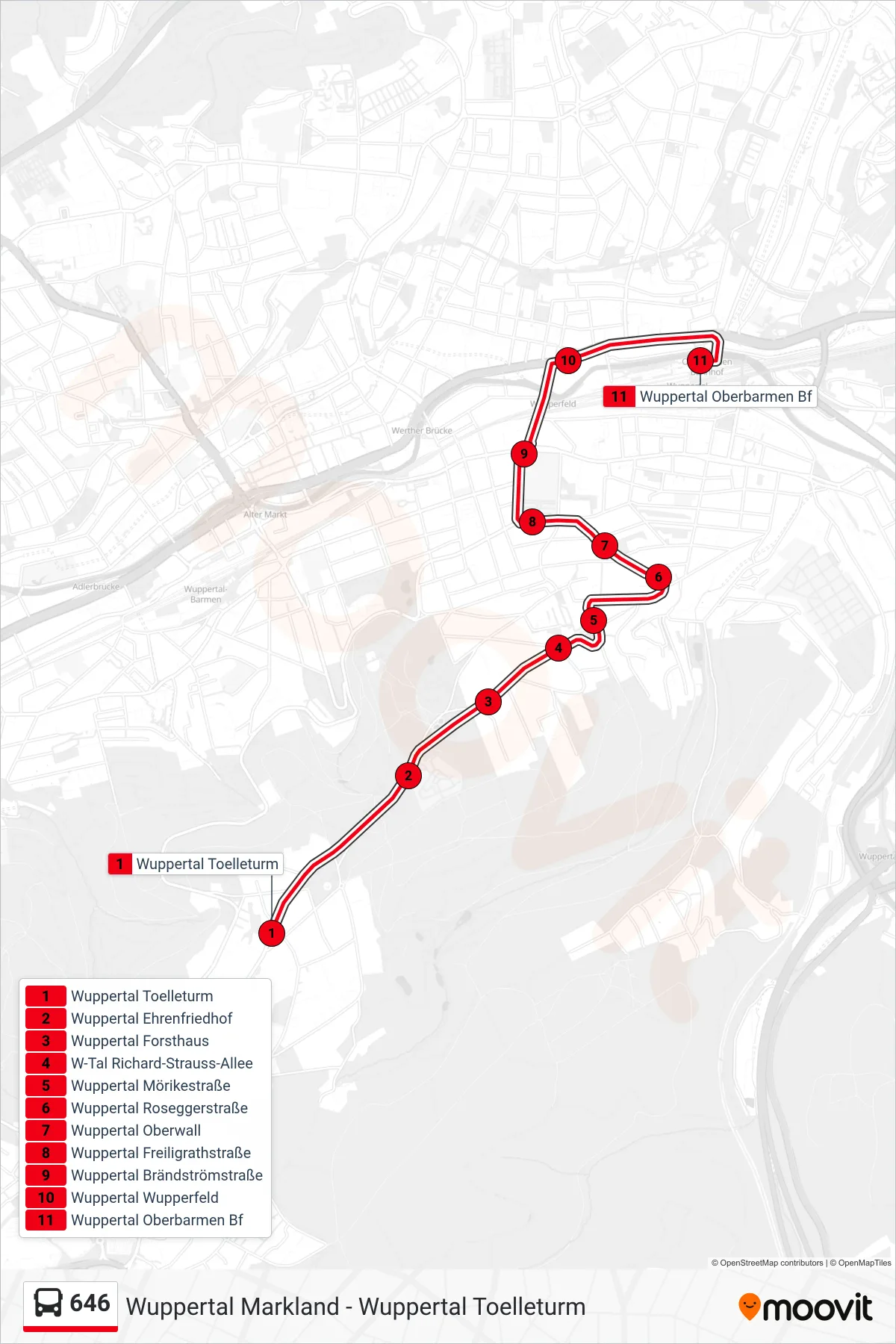646 bus Line (Wuppertal Oberbarmen Bf) route and stops on a map