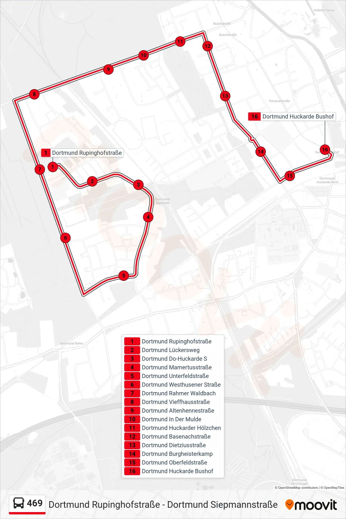 469 bus Line (Dortmund Huckarde Bushof) route and stops on a map