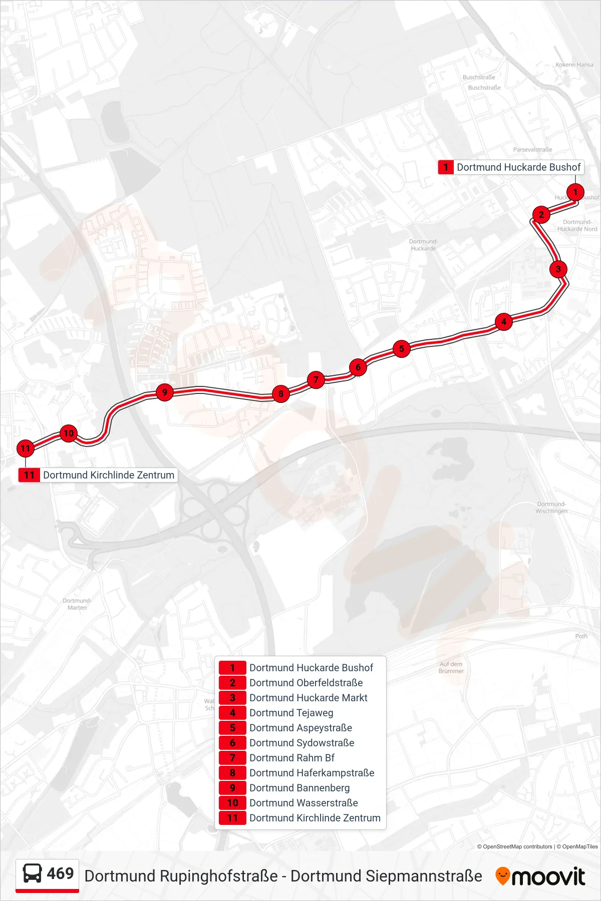 469 bus Line (Dortmund Kirchlinde Zentrum) route and stops on a map