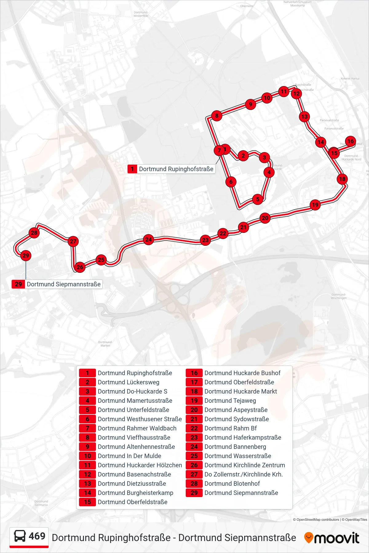 469 bus Line (Dortmund Siepmannstraße) route and stops on a map