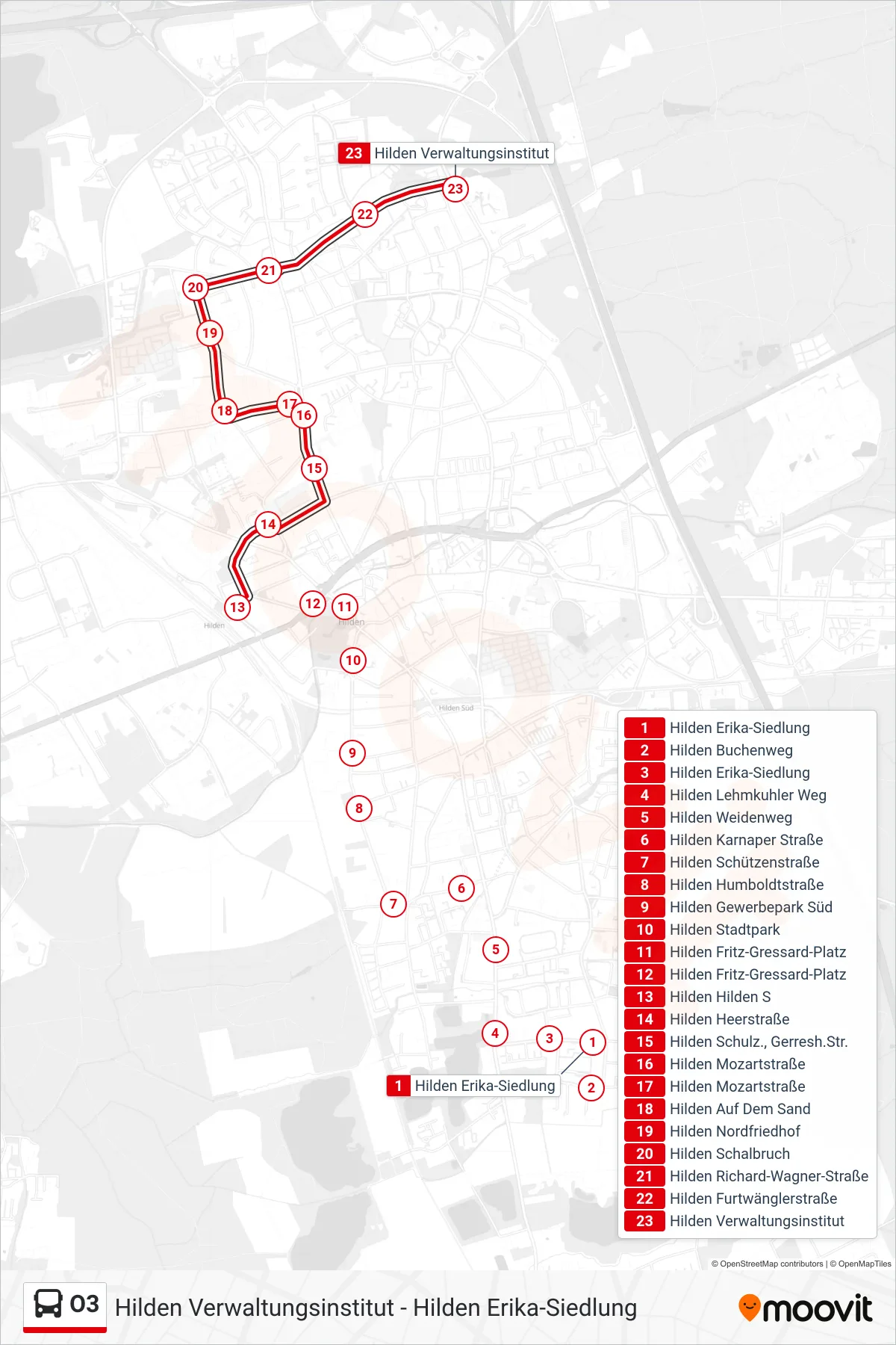 O3 bus Line (Hilden Verwaltungsinstitut) route and stops on a map