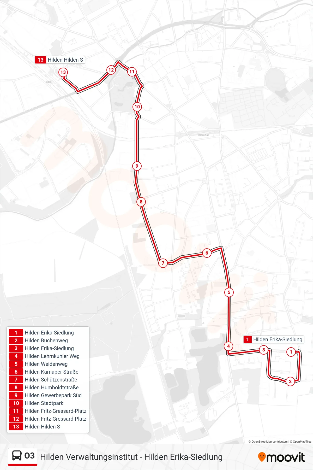 Linie O3 (Bus) Richtung Hilden Hilden S: Route und Haltestellen auf der Karte
